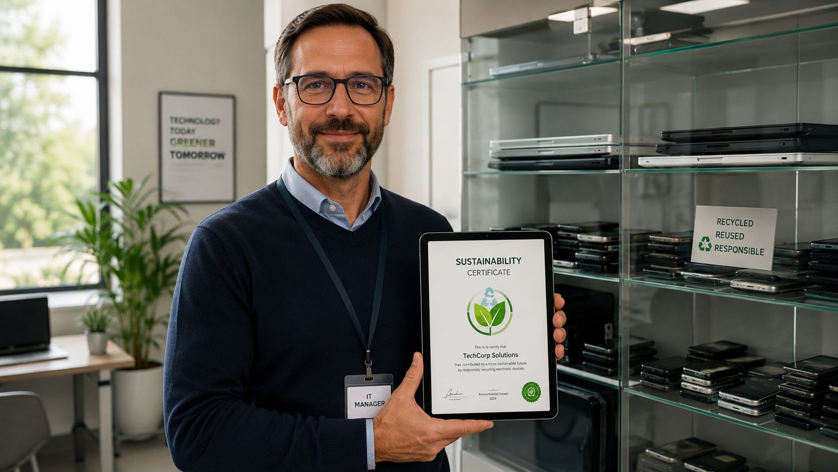A professional IT manager holds a sustainability certificate tablet in an office environment with recycled electronics.