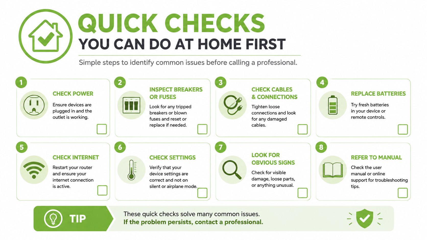 An infographic titled Quick Checks You Can Do At Home First showing eight troubleshooting tips.