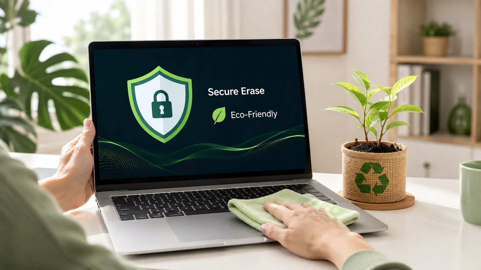 A person wiping a laptop screen that displays a secure erase icon with eco-friendly branding.