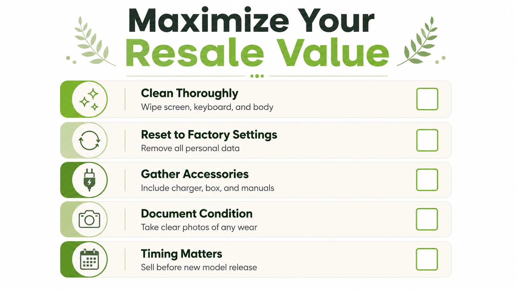 A checklist infographic titled Maximize Your Resale Value featuring tips for selling used electronics.