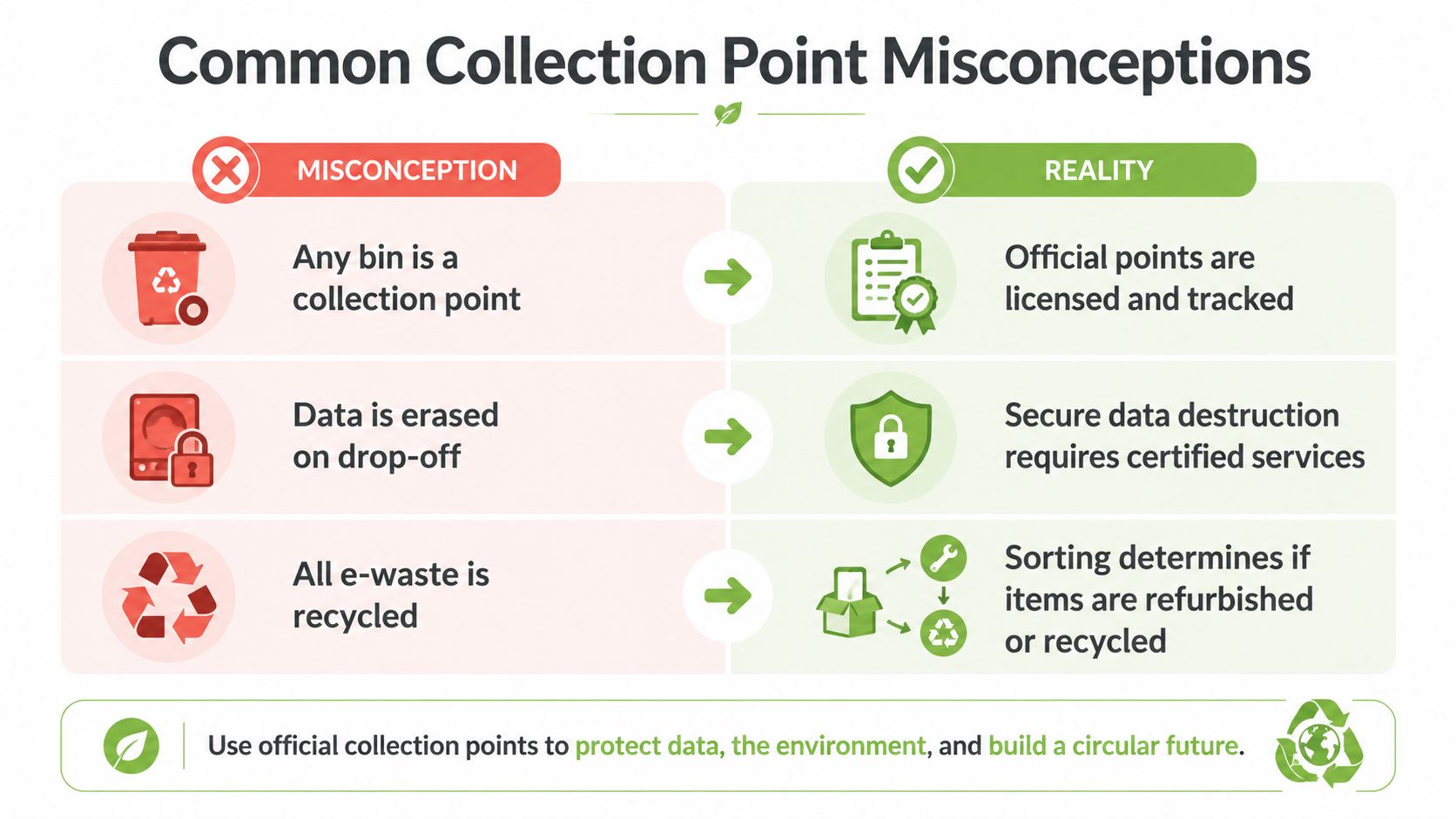 An infographic showing common misconceptions versus the reality regarding e-waste collection points and proper recycling.