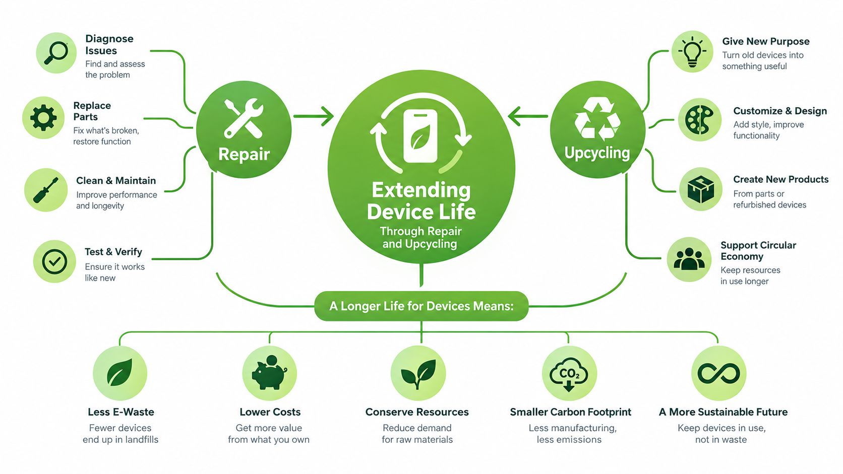 An infographic showing how repairing and upcycling electronic devices extends their life and benefits the environment.
