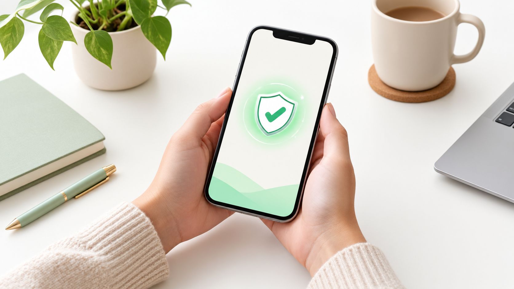 A person holding a smartphone displaying a secure shield icon with a checkmark on the screen.
