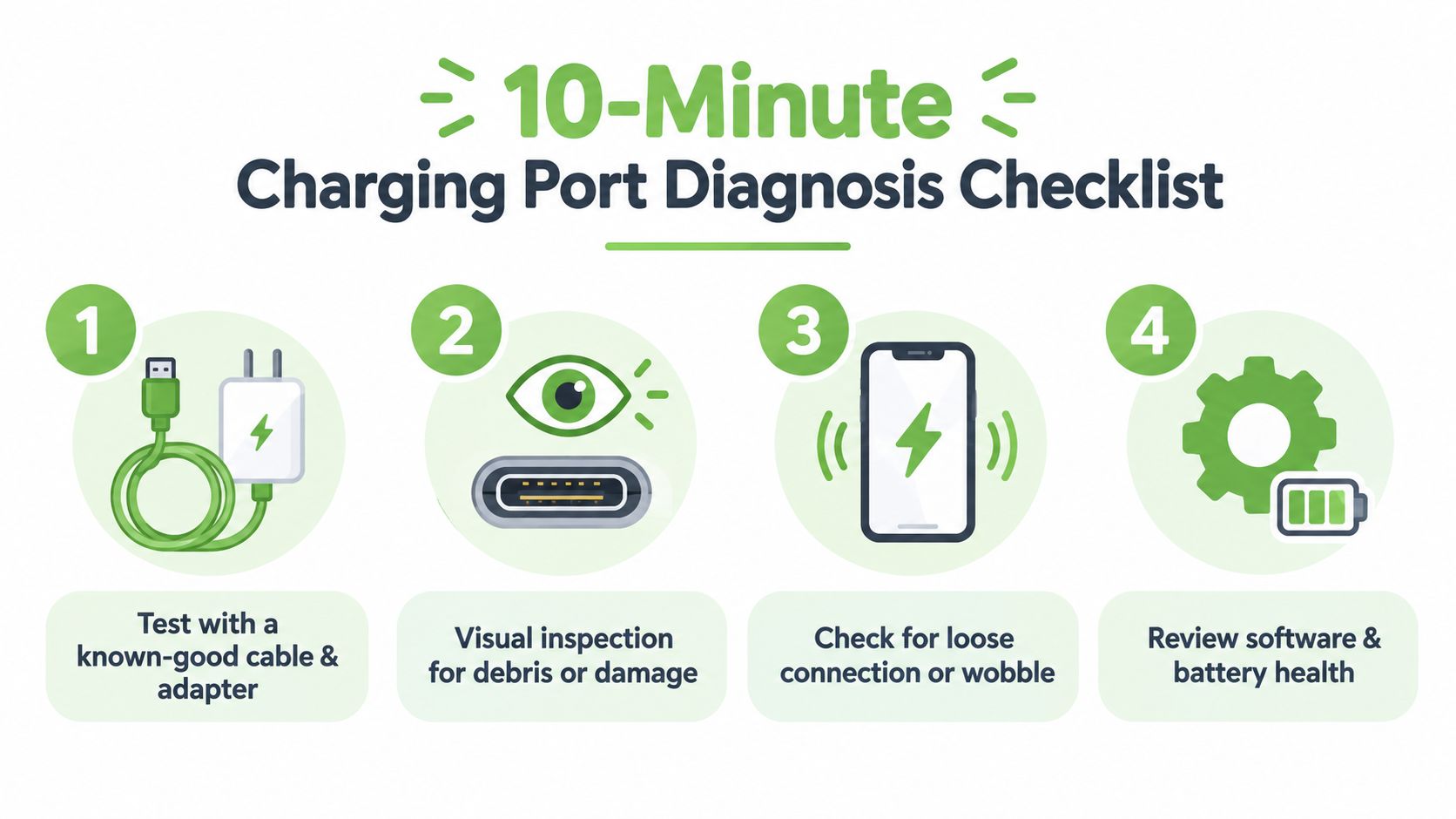A four-step checklist for diagnosing charging port issues using a cable, visual inspection, connection checks, and software.