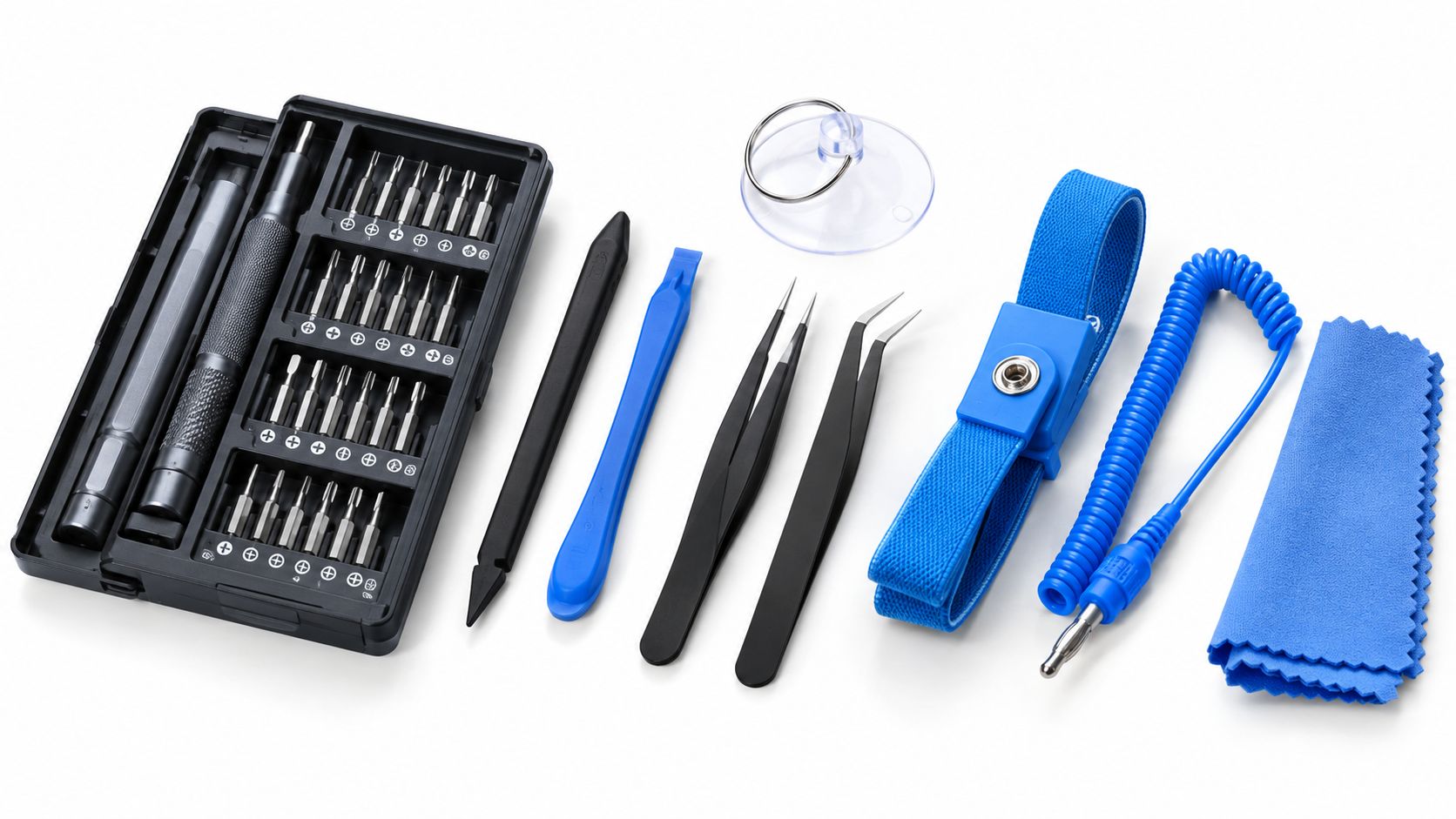 A professional electronics repair toolkit featuring a screwdriver set, spudgers, tweezers, an anti-static wristband, and a cloth.