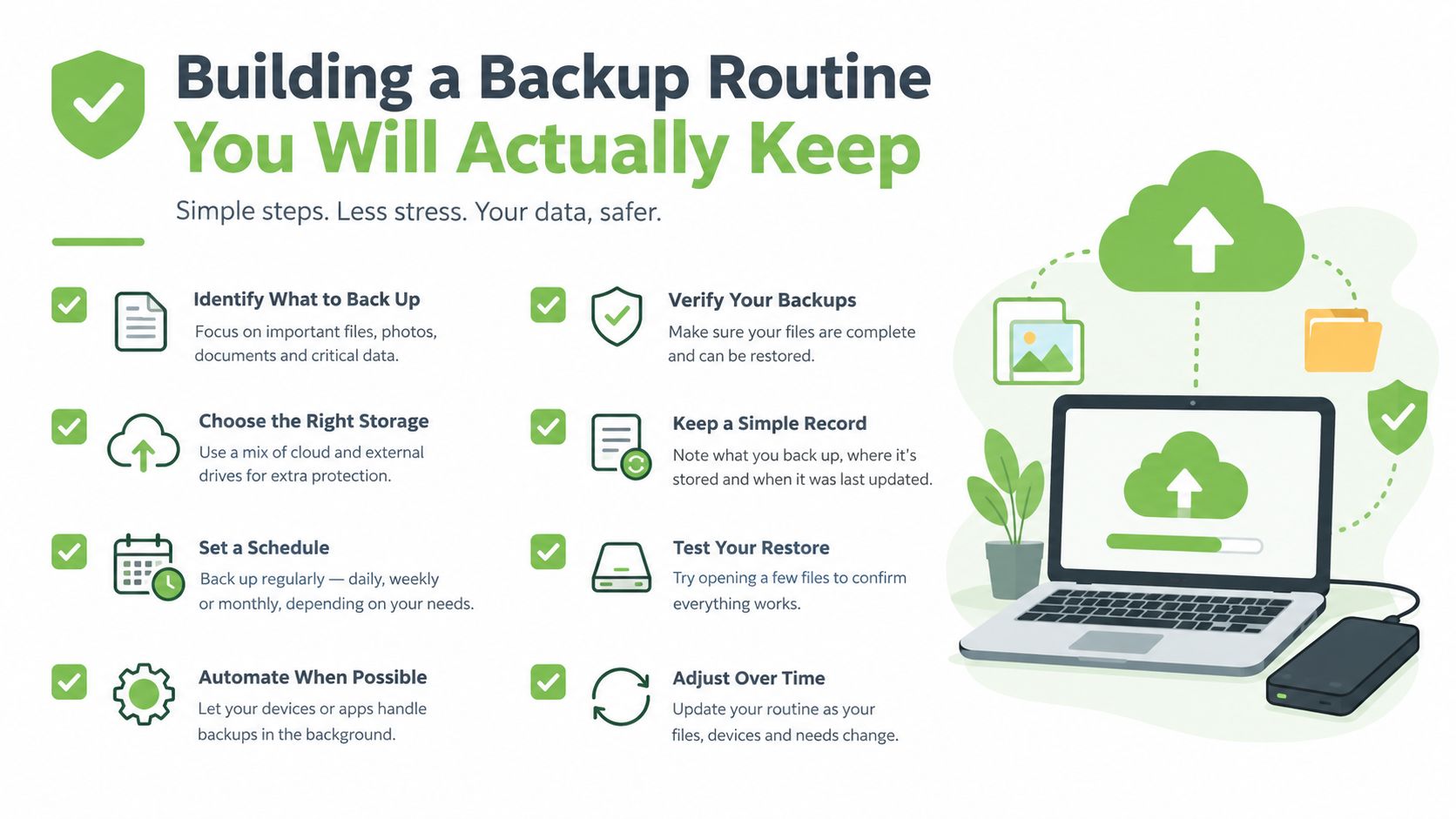 An infographic detailing eight simple steps for building an effective and manageable data backup routine for personal use.