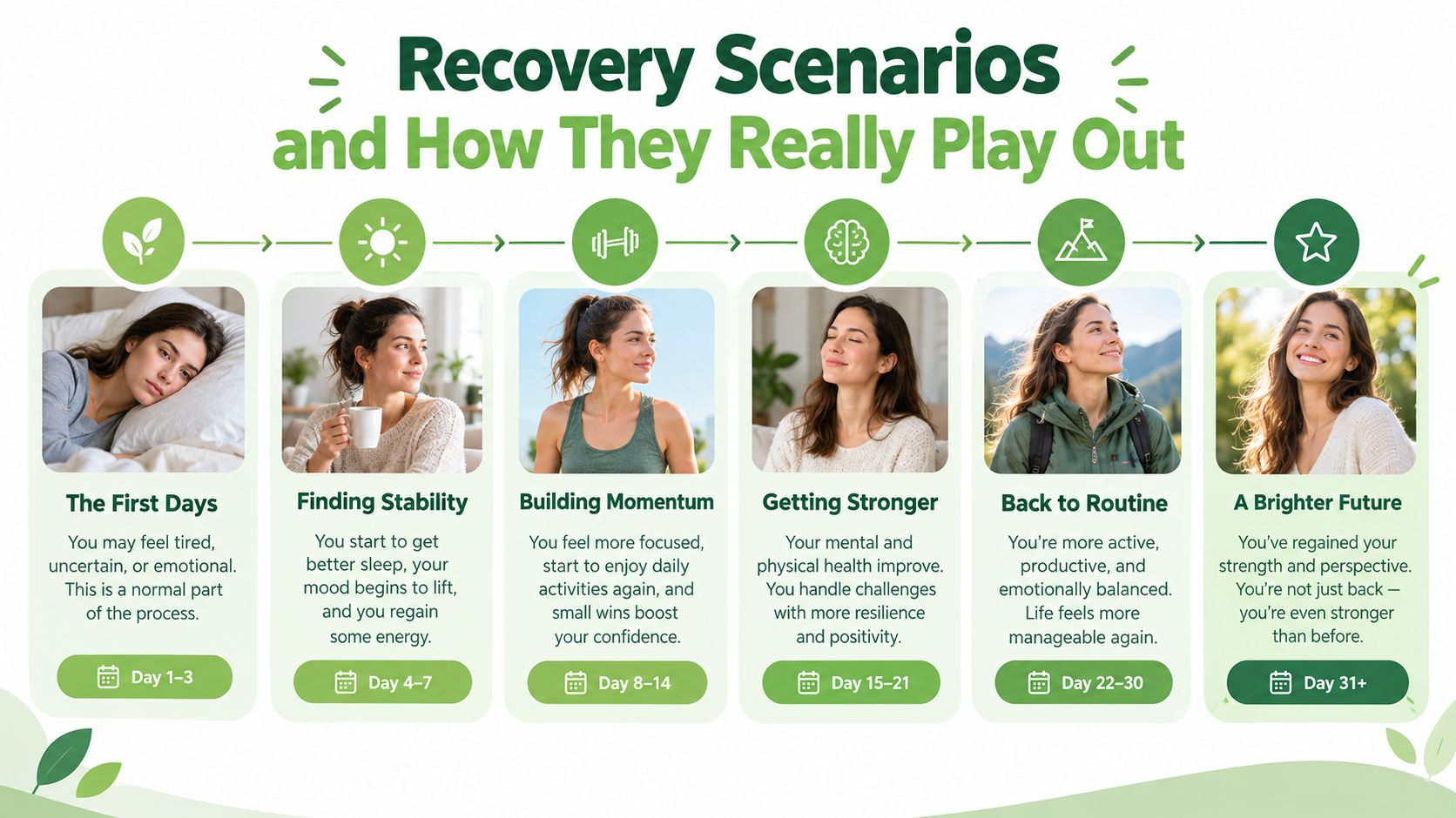 A visual timeline infographic illustrating recovery stages from day one to month one, showing emotional and physical progress.