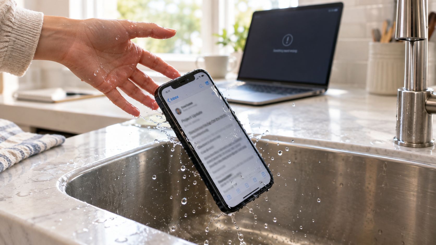 A hand dropping a smartphone into a kitchen sink filled with water, representing water damage accidents.
