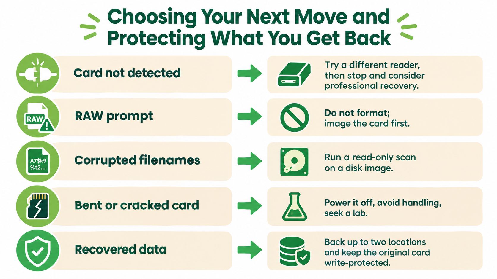 A guide infographic illustrating steps to take when encountering various SD card data recovery issues.