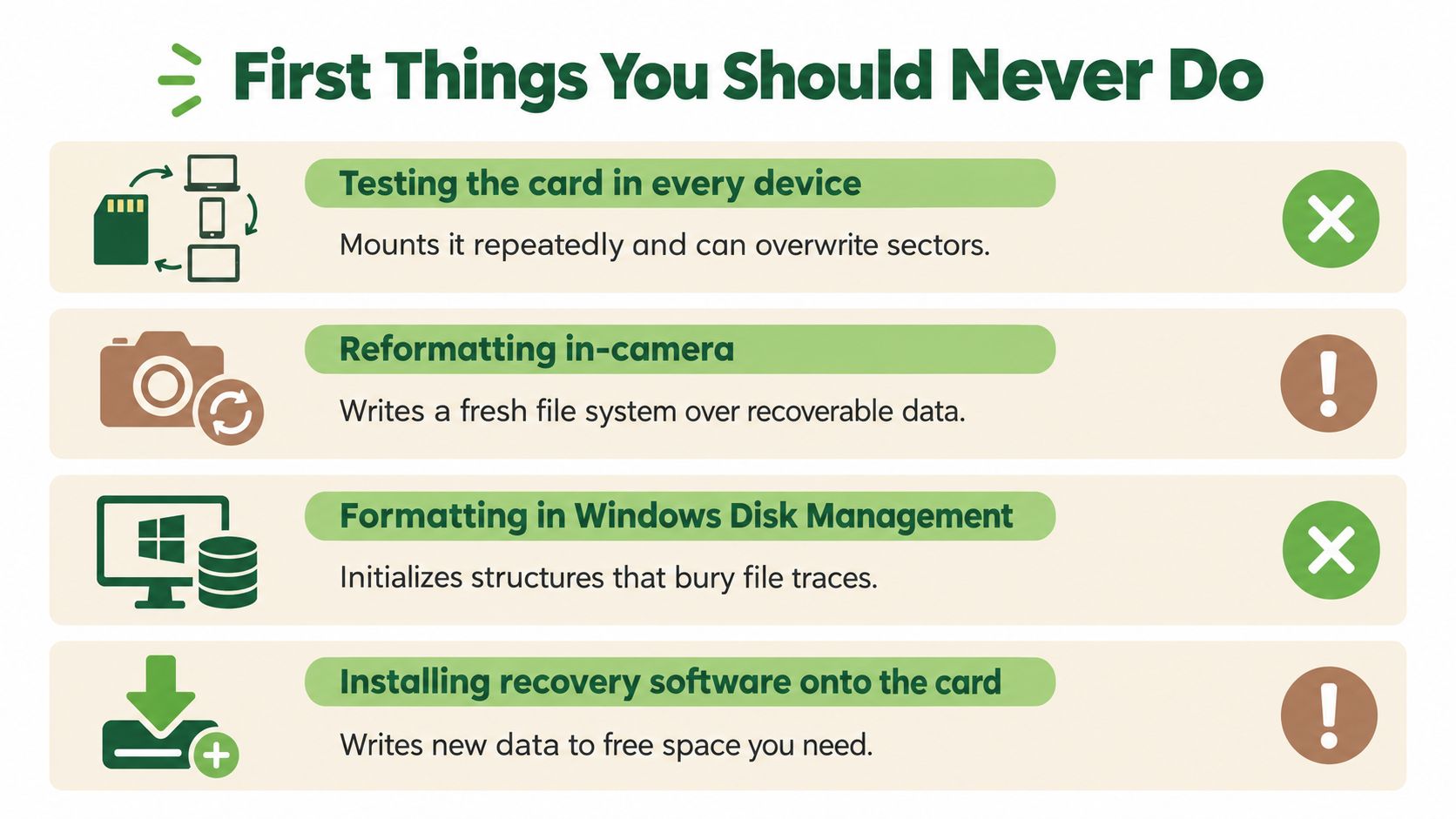 An infographic listing four critical mistakes to avoid when attempting data recovery from an SD card.