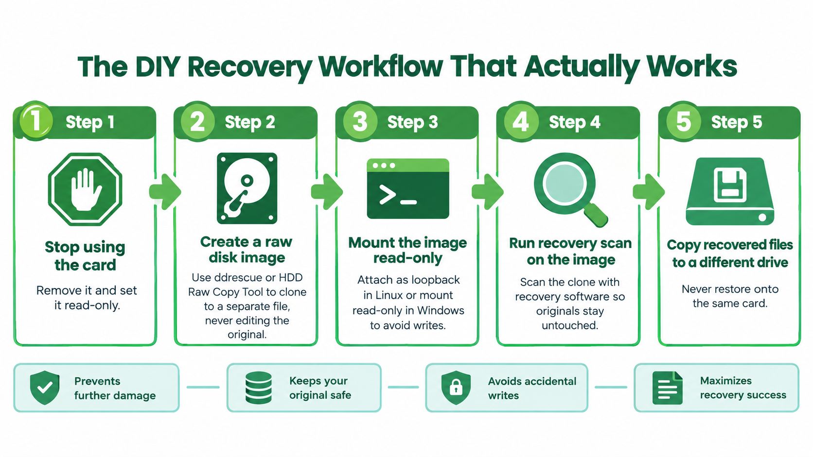 A five-step infographic showing a DIY data recovery workflow for a corrupted SD card or drive.