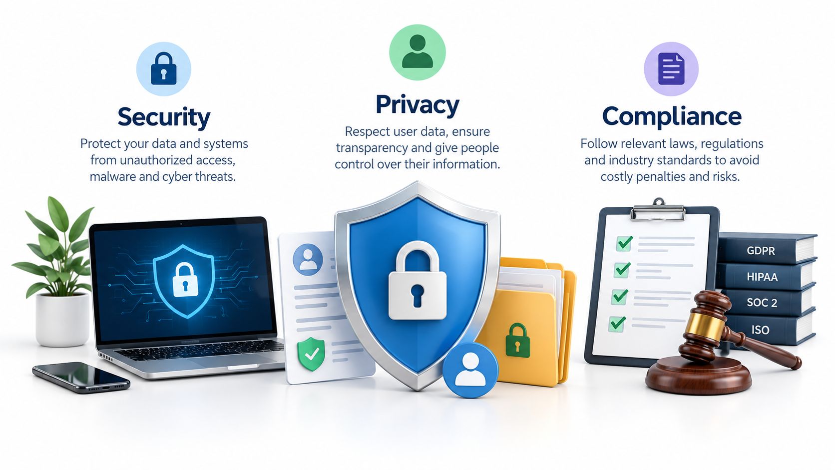 A conceptual illustration representing data security, privacy, and compliance with icons, a shield, and legal documents.