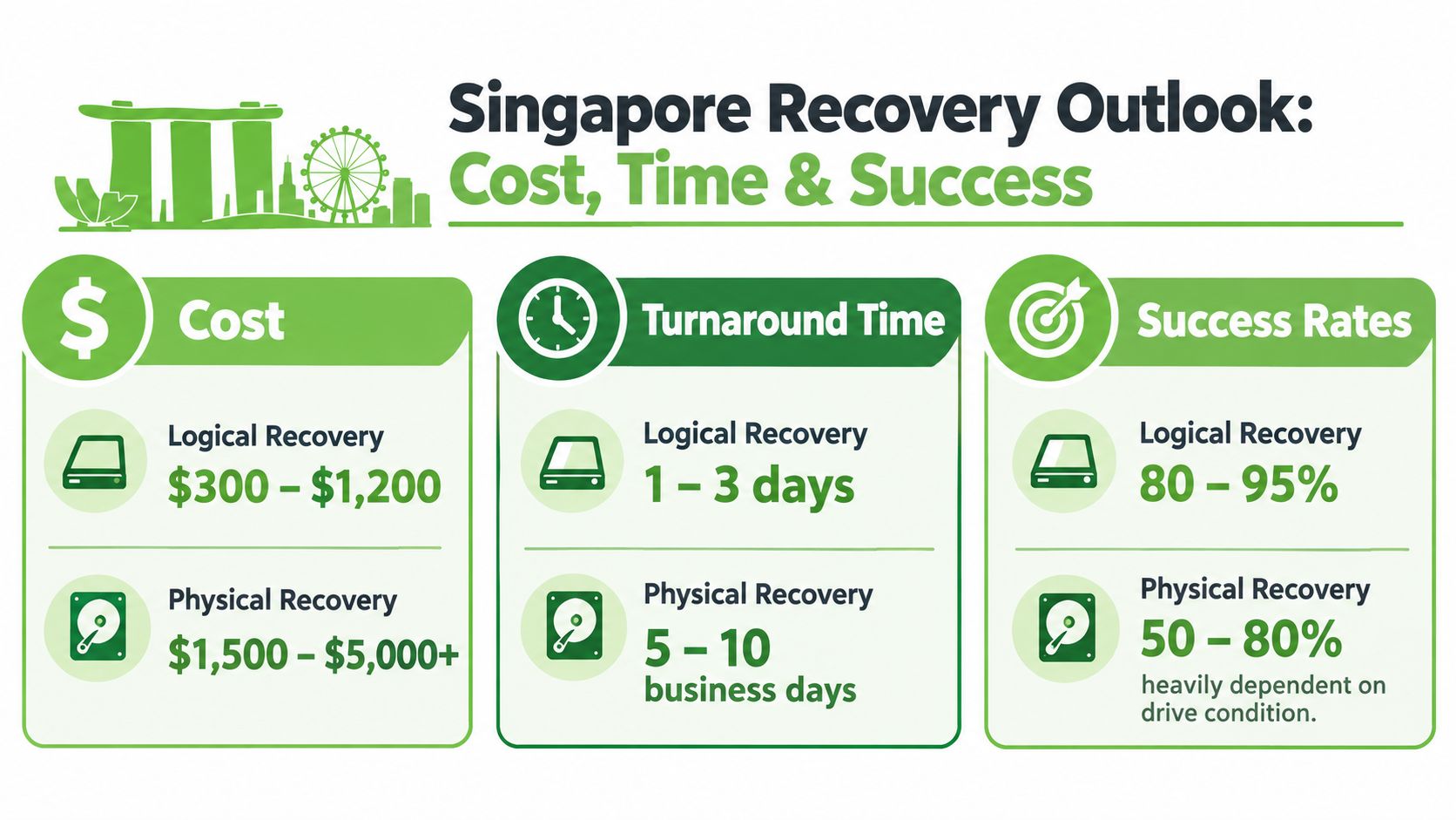 An infographic showing cost, turnaround time, and success rates for logical and physical data recovery in Singapore.