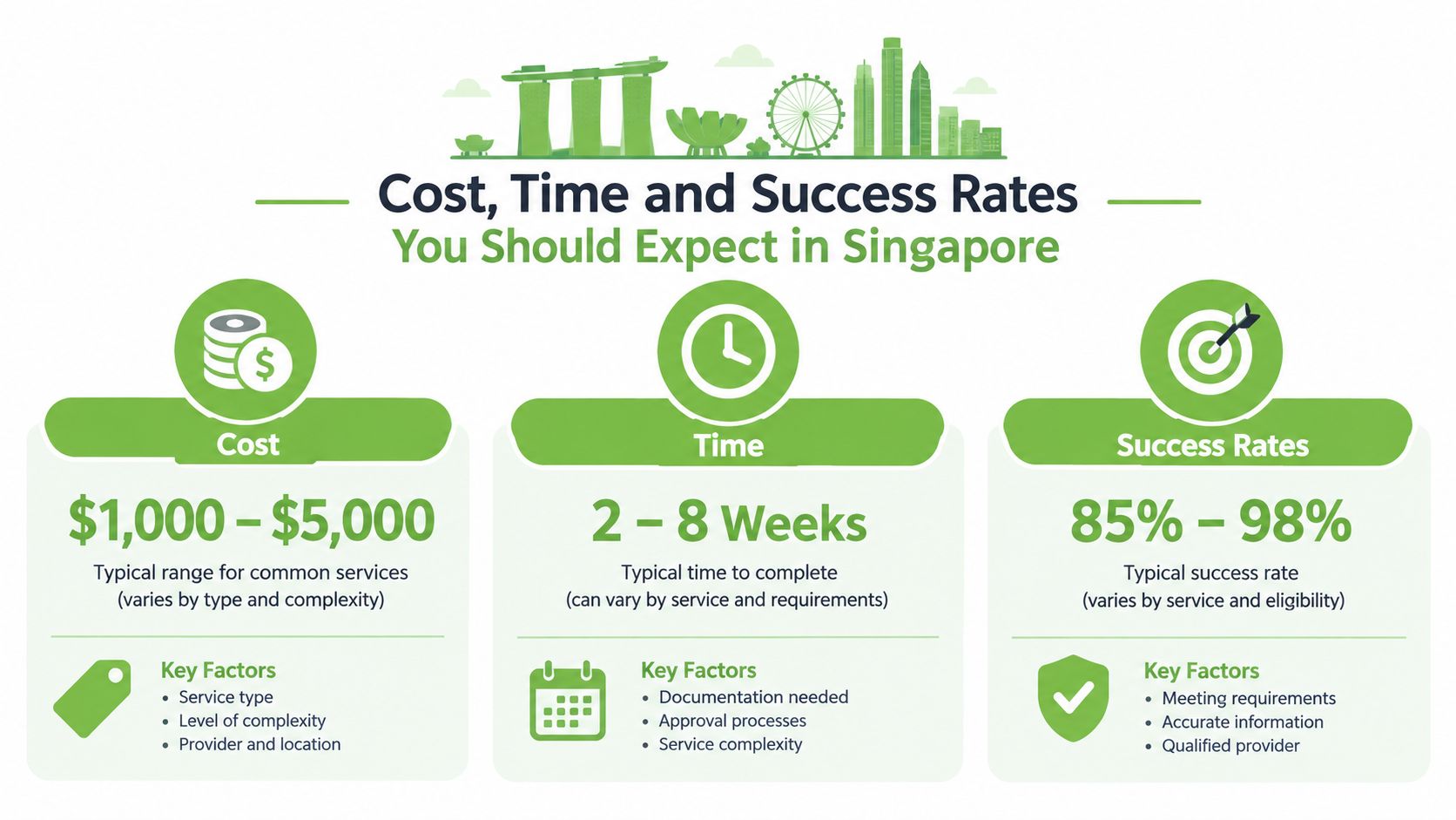 An infographic showing the typical cost, time, and success rates for business services in Singapore.