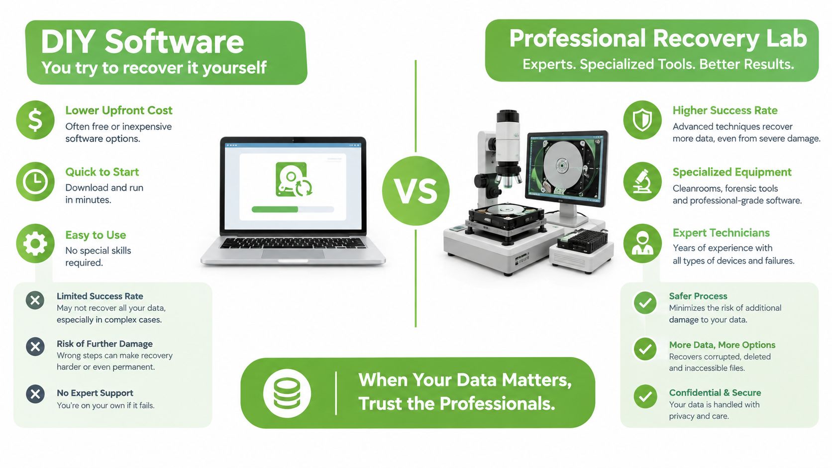 A comparison infographic between DIY data recovery software and professional data recovery laboratory services for computers.