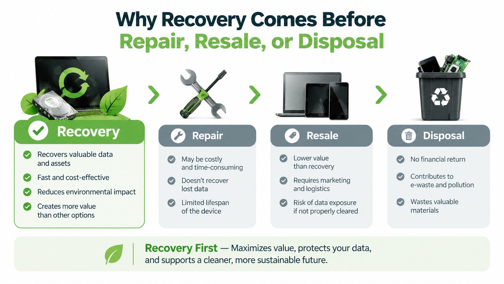 An infographic illustrating that data recovery is more sustainable and valuable than repair, resale, or device disposal.