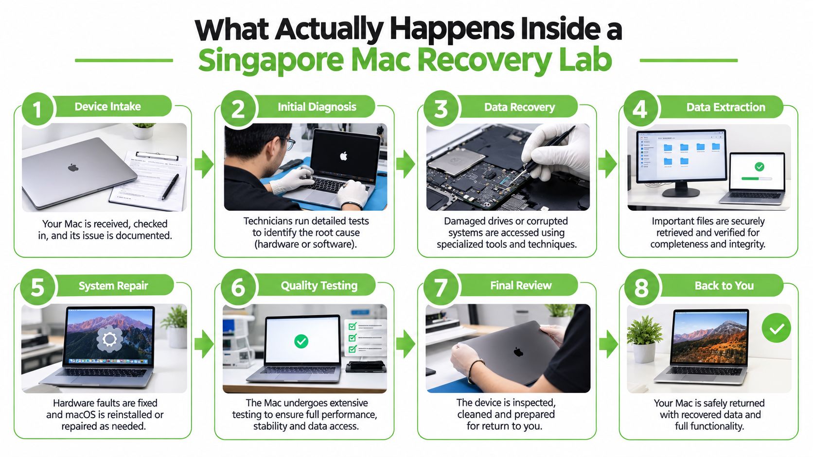 An infographic illustrating the eight-step Mac data recovery service process from intake to final return.