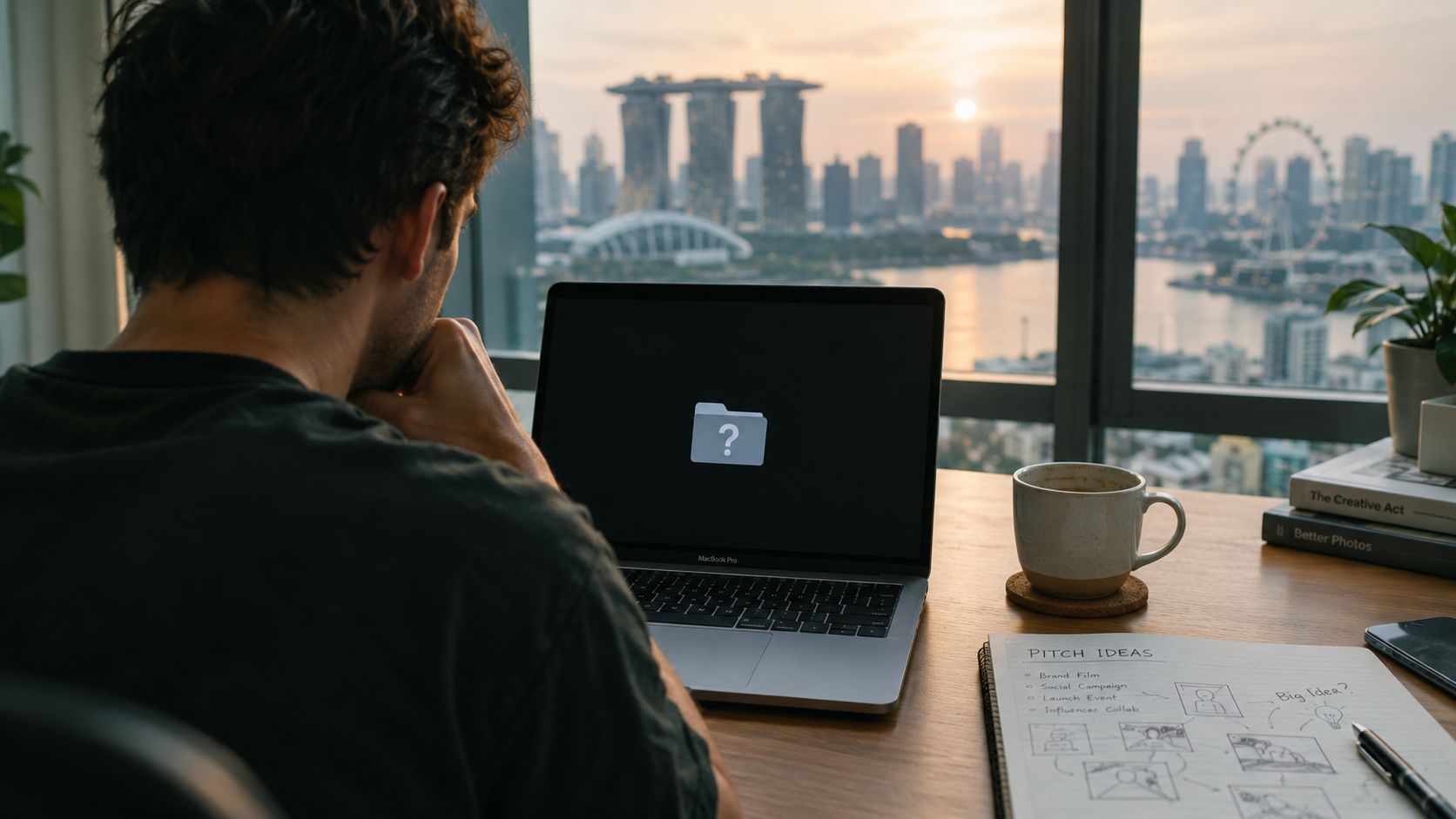 A person sitting at a desk viewing a MacBook Pro showing a folder with a question mark icon.