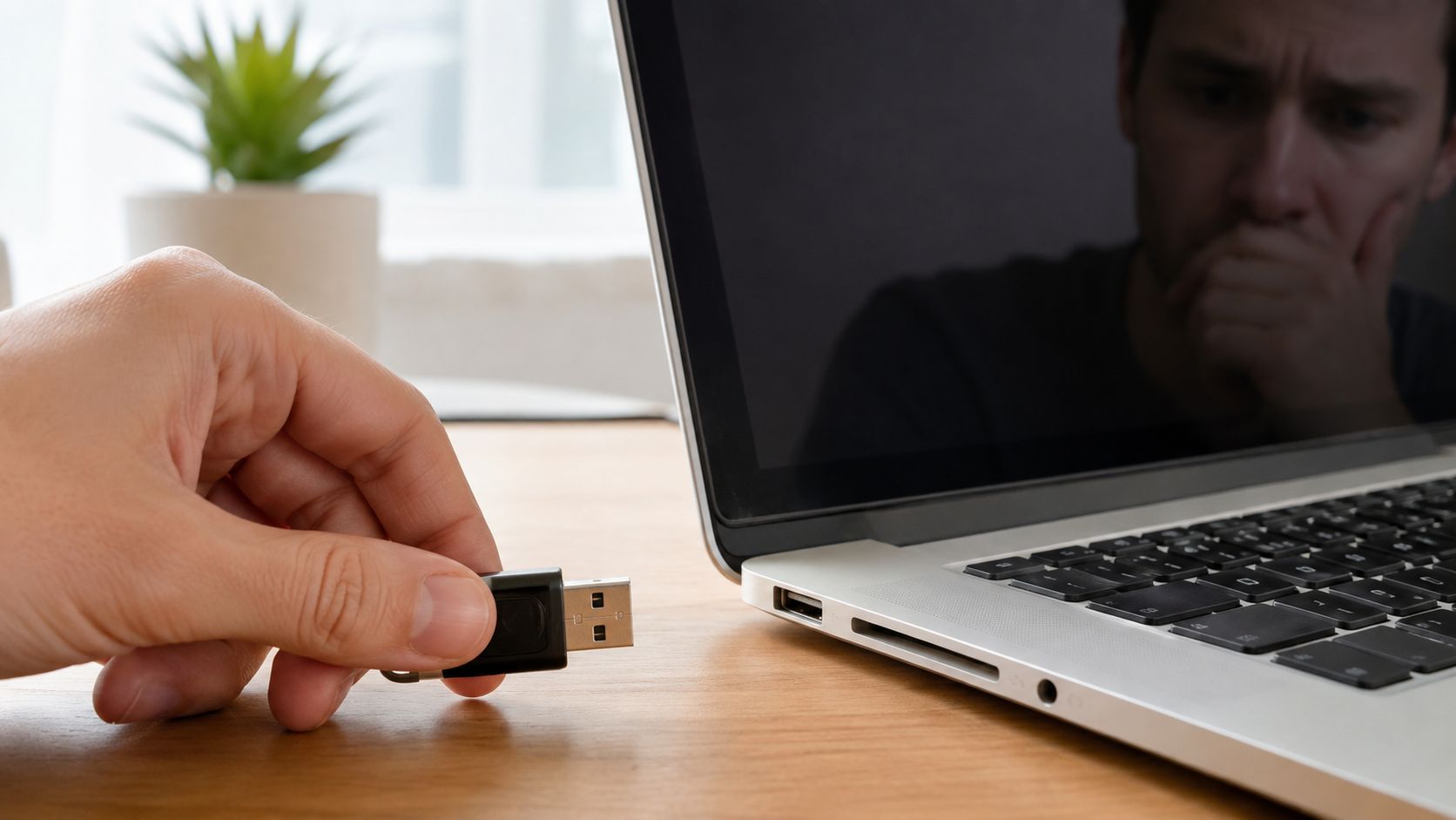 A person holding a USB flash drive about to insert it into a laptop computer.