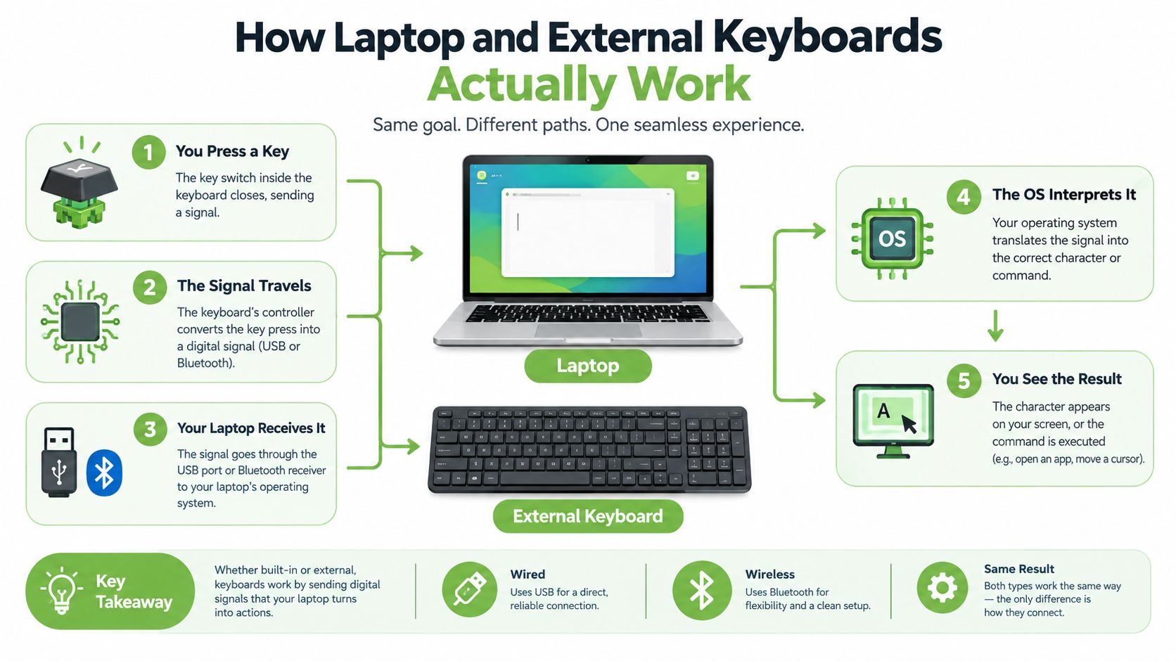 A diagram explaining how laptop and external keyboards function by sending digital signals to the computer's operating system.
