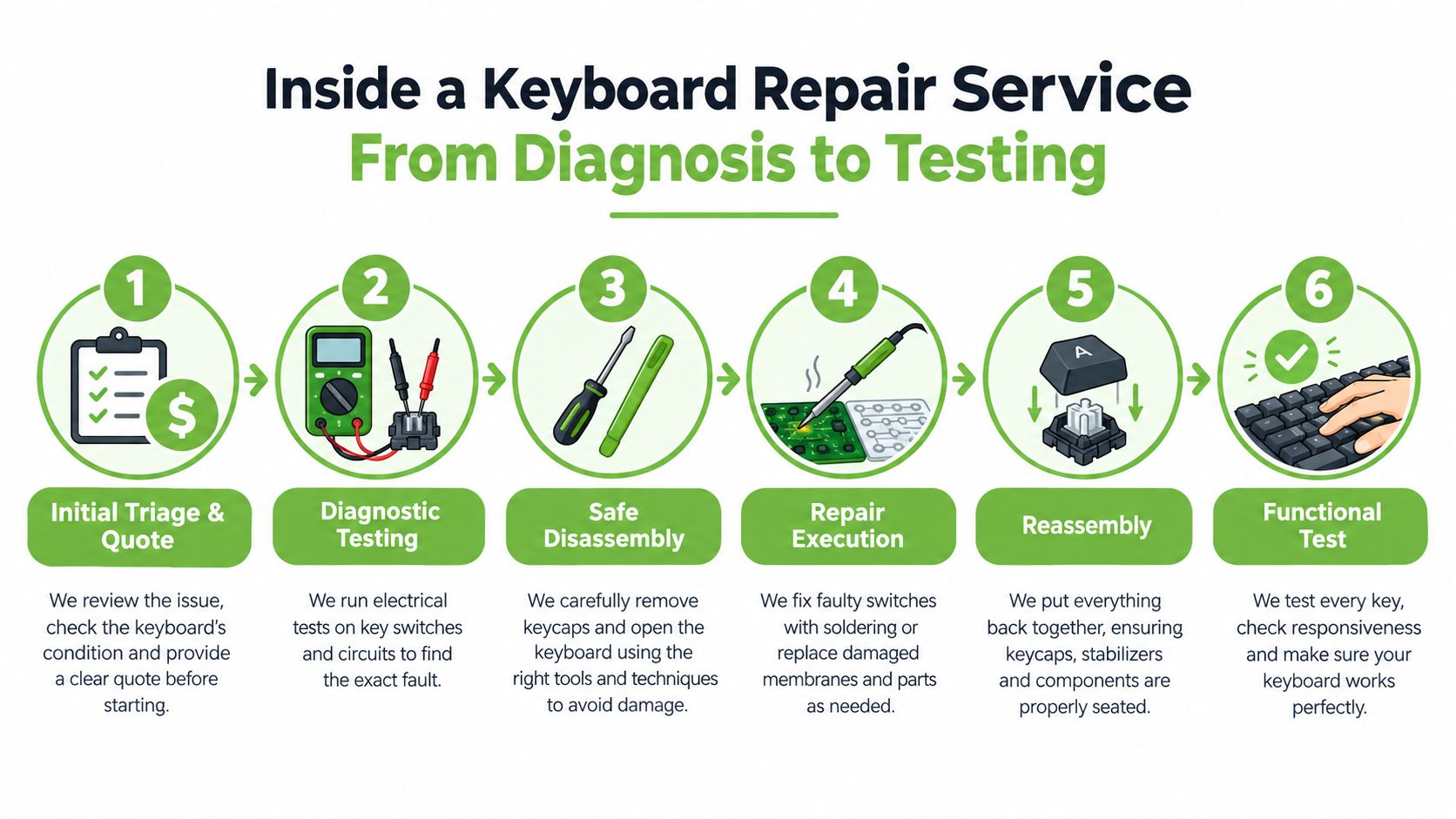 A six-step infographic illustrating the professional keyboard repair process from initial diagnosis to final functional testing.