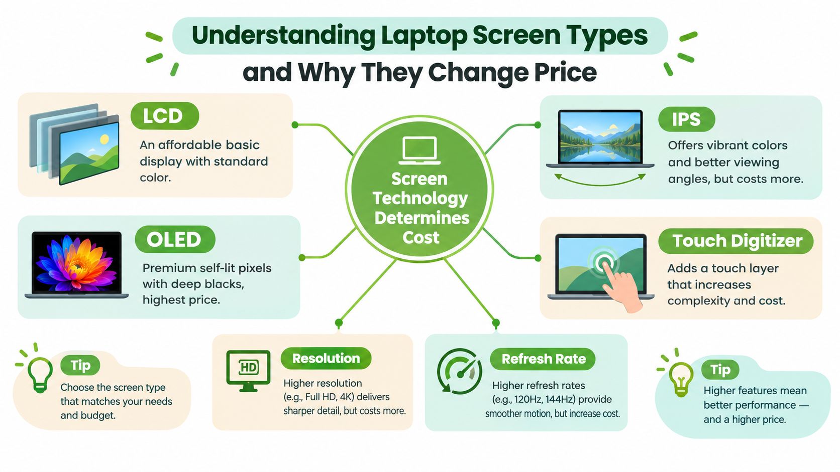 An infographic detailing how different laptop screen technologies, resolutions, and features impact overall device cost.