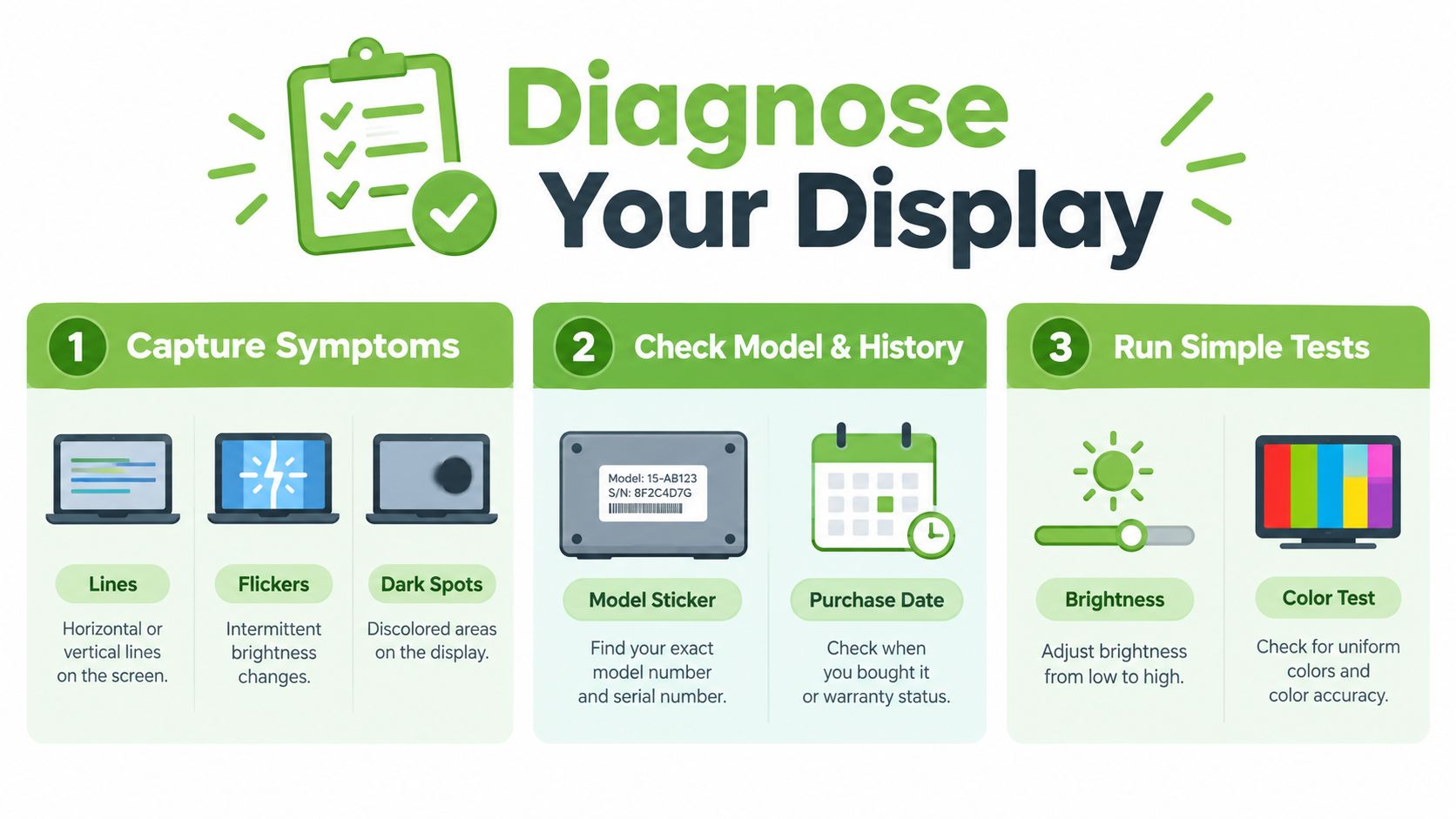A checklist infographic illustrating three steps to diagnose and troubleshoot common laptop display screen problems effectively.