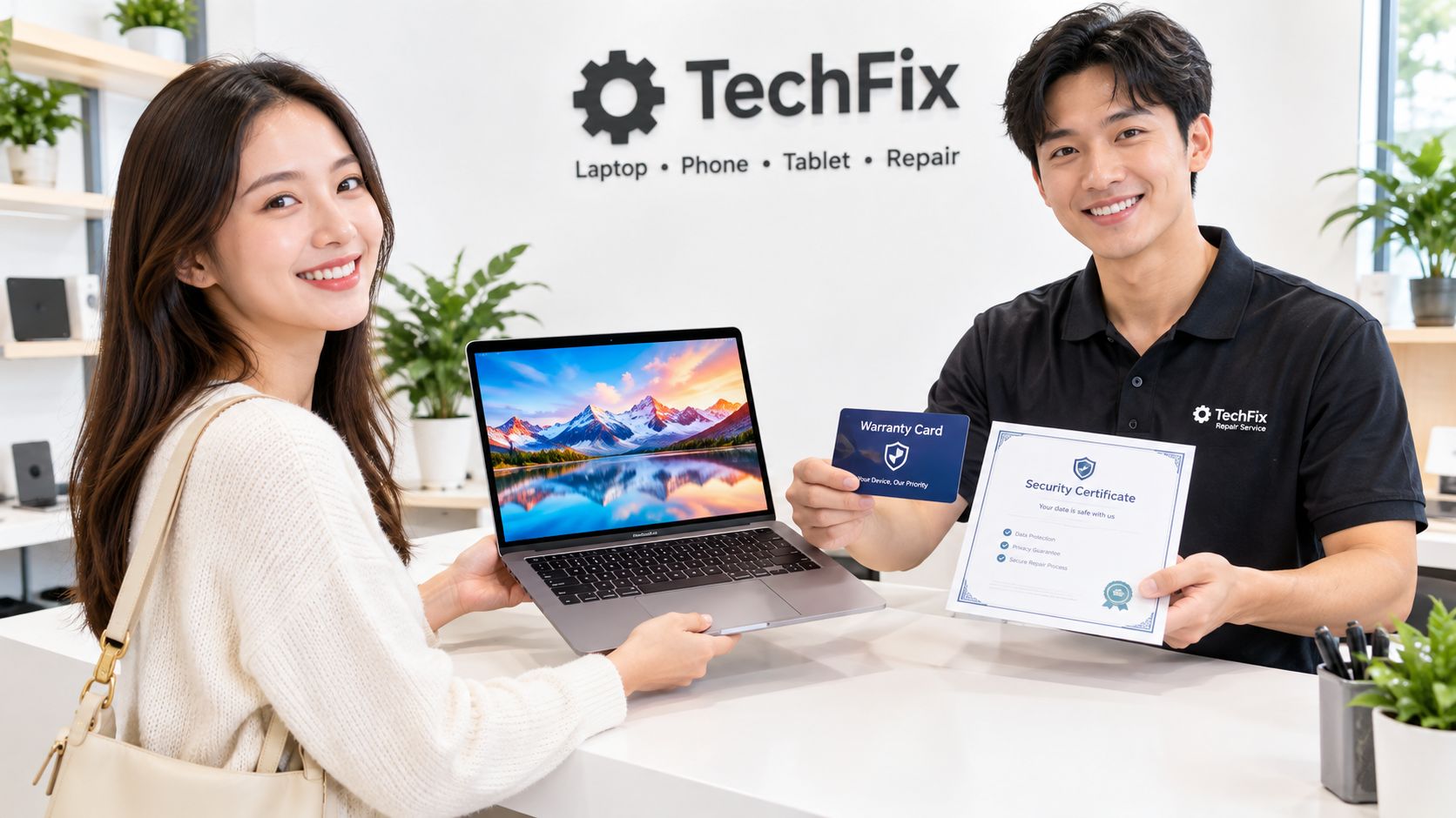 A smiling service representative presenting a security certificate and warranty card to a customer with her laptop.