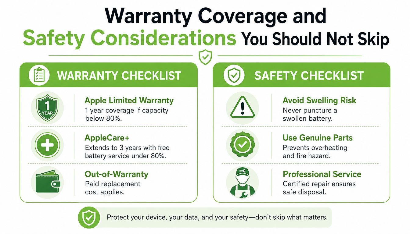 An infographic detailing Apple warranty coverage and safety checklists for battery replacement procedures and services.