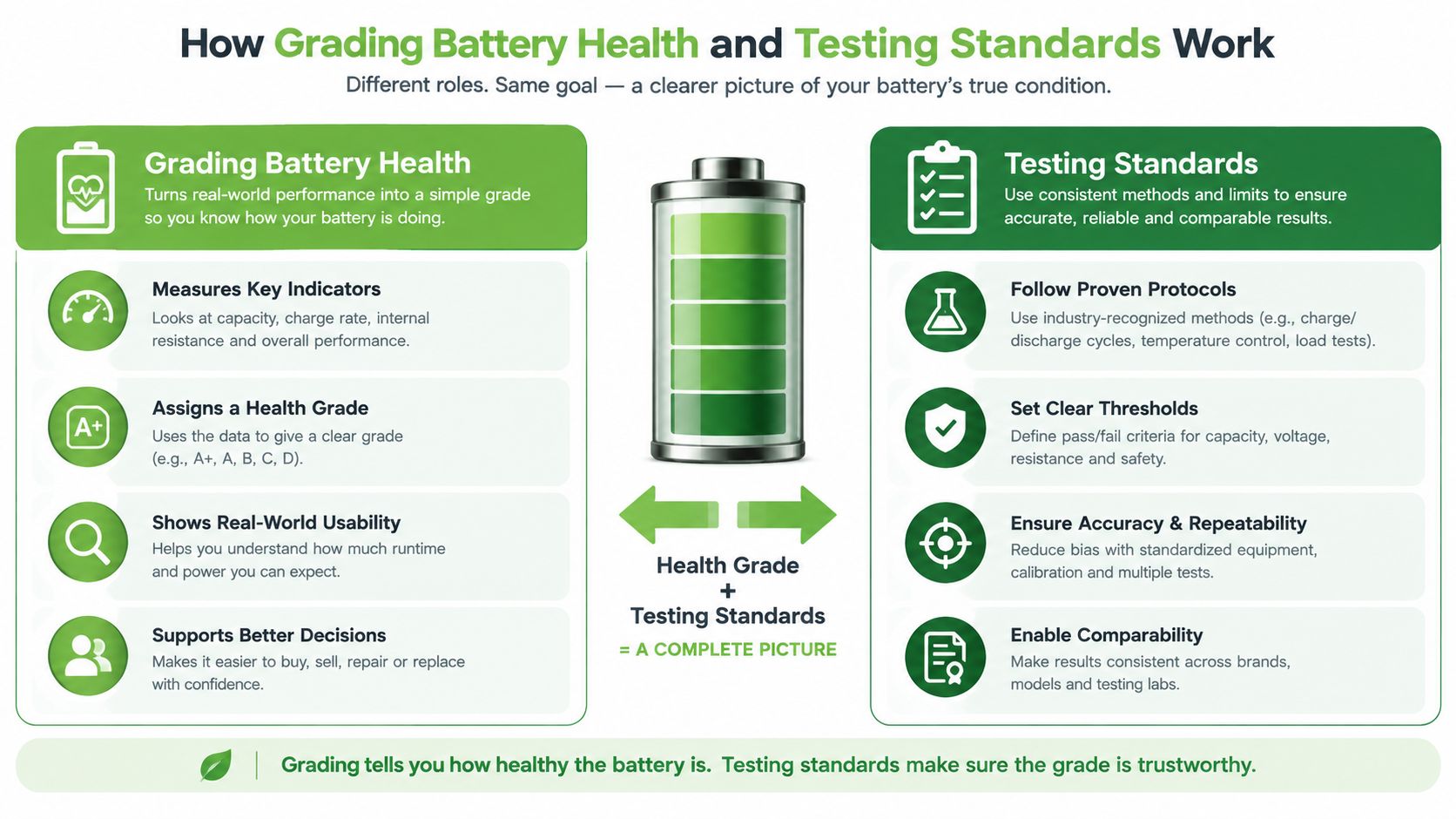 An infographic explaining how battery health grading and standardized testing work together to ensure accurate battery performance.