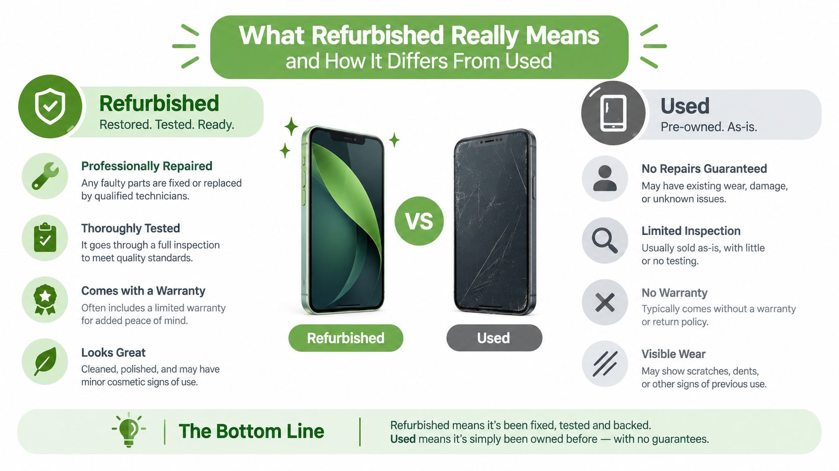 An infographic comparing the differences between refurbished and used devices, highlighting key benefits of refurbished products.