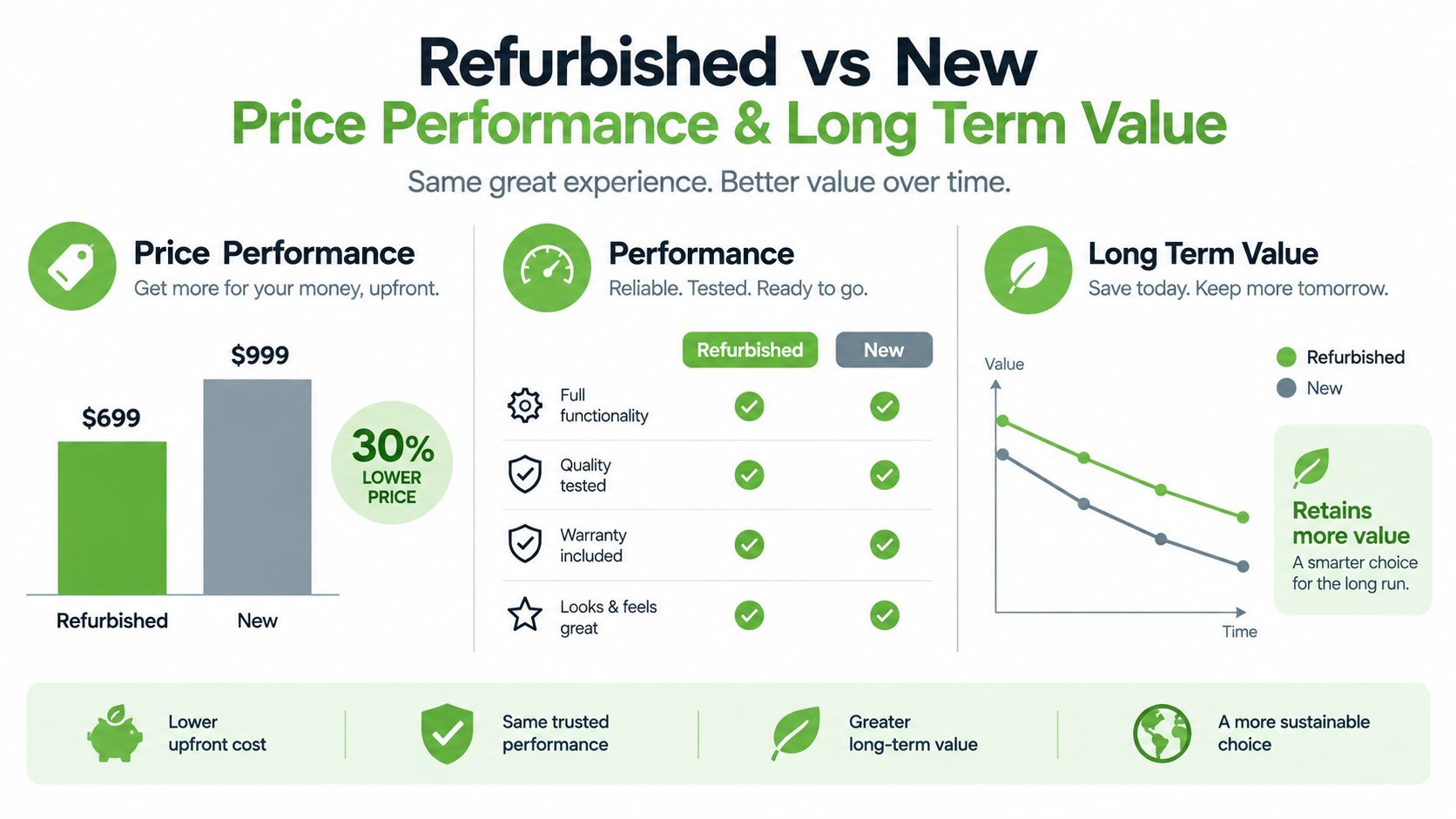An infographic comparing the benefits of refurbished devices versus new ones, highlighting price savings and long-term value.