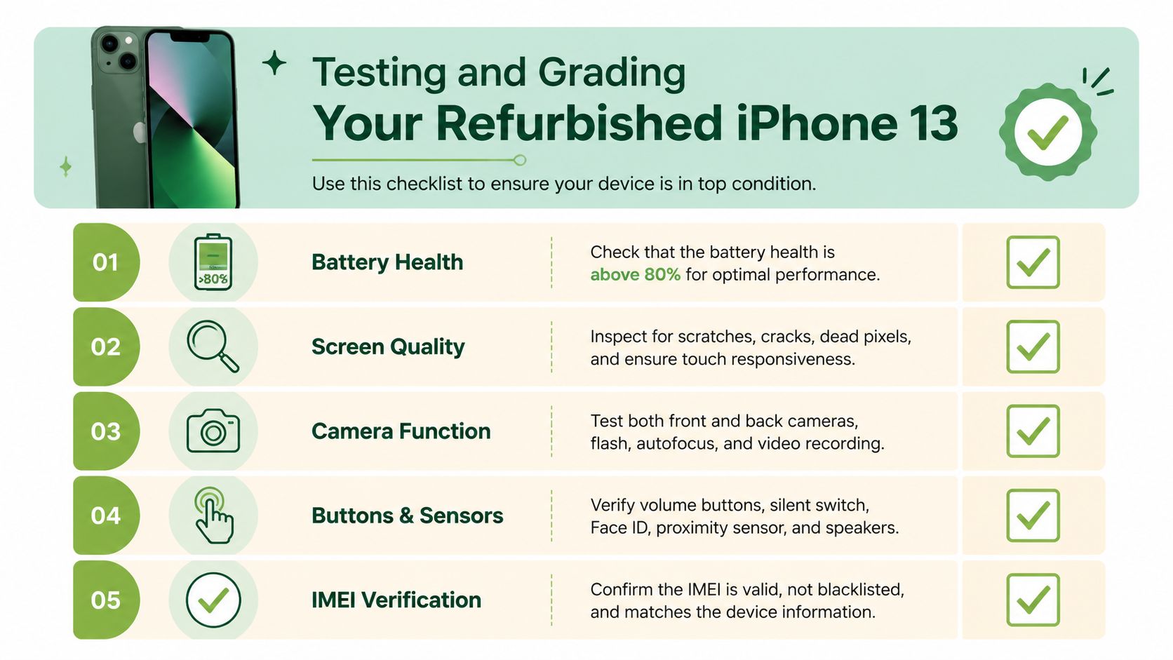 A checklist infographic titled Testing and Grading Your Refurbished iPhone 13 illustrating essential device inspection steps.
