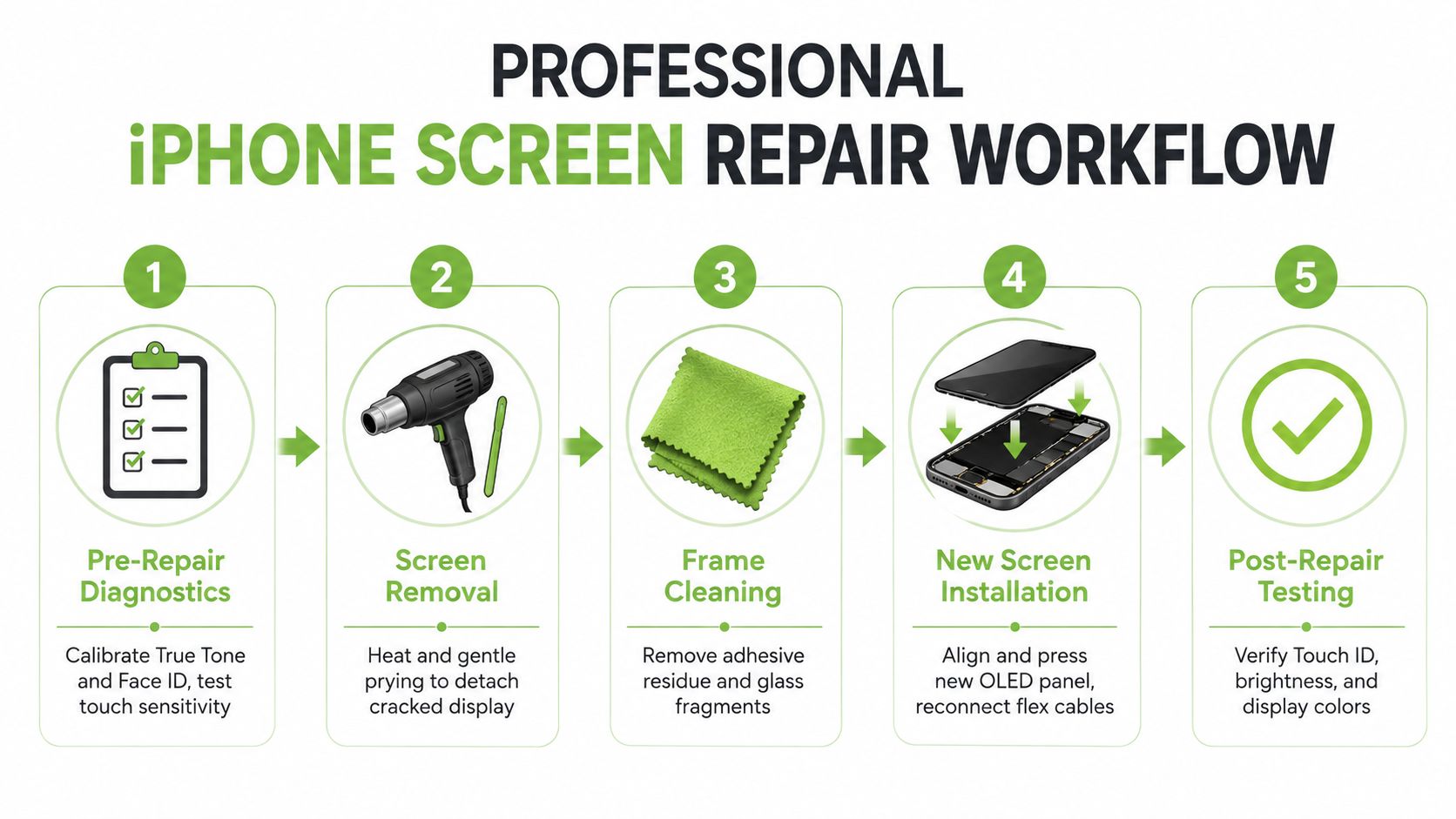 A professional 5-step workflow diagram illustrating the step-by-step process for repairing a broken iPhone screen.