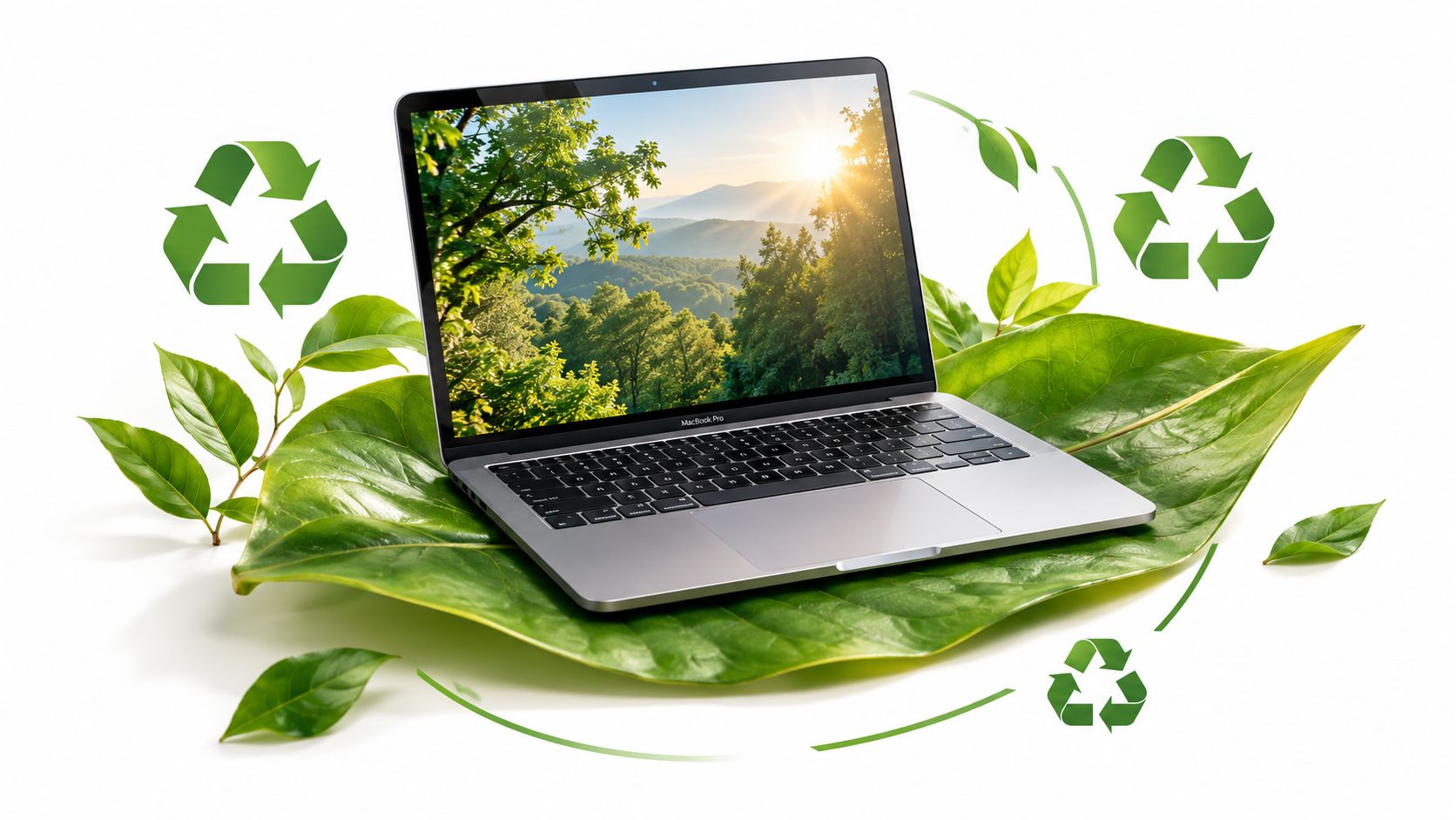 A modern MacBook Pro laptop resting on a large vibrant green leaf surrounded by recycling symbols.