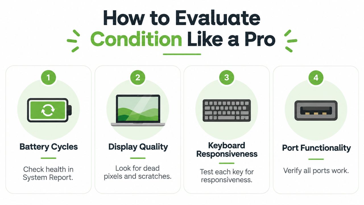 An infographic showing four steps to evaluate the condition of a second hand laptop or Macbook.