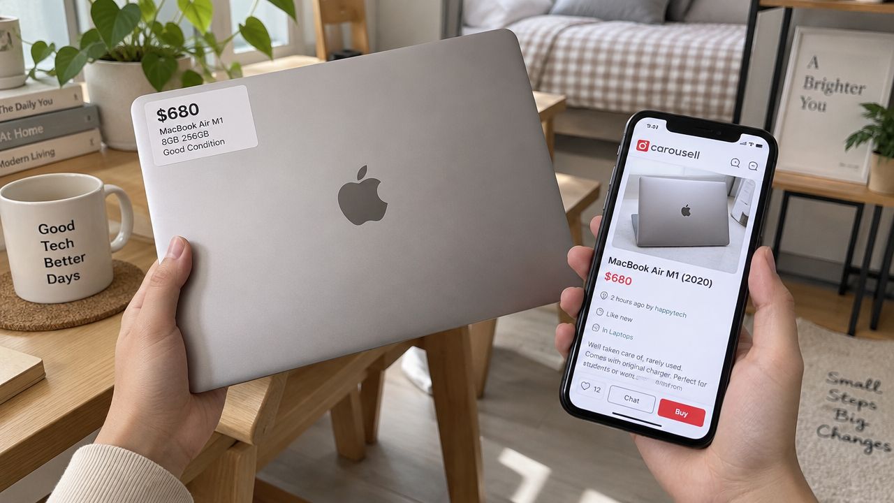 A person holding a silver MacBook Air and a smartphone displaying the Carousell marketplace listing.