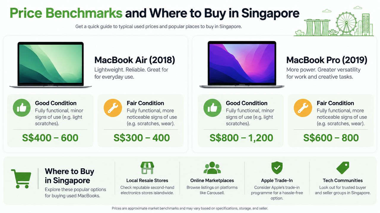 A price guide chart for buying second-hand MacBook Air and Pro laptops in Singapore across various conditions.