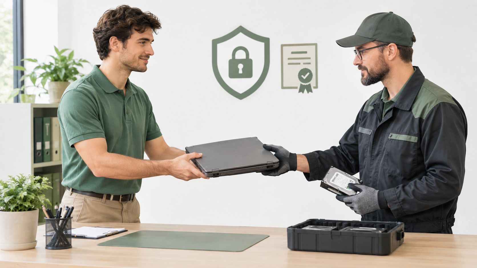 A technician wearing safety gloves receives a laptop from a client for secure data destruction services.