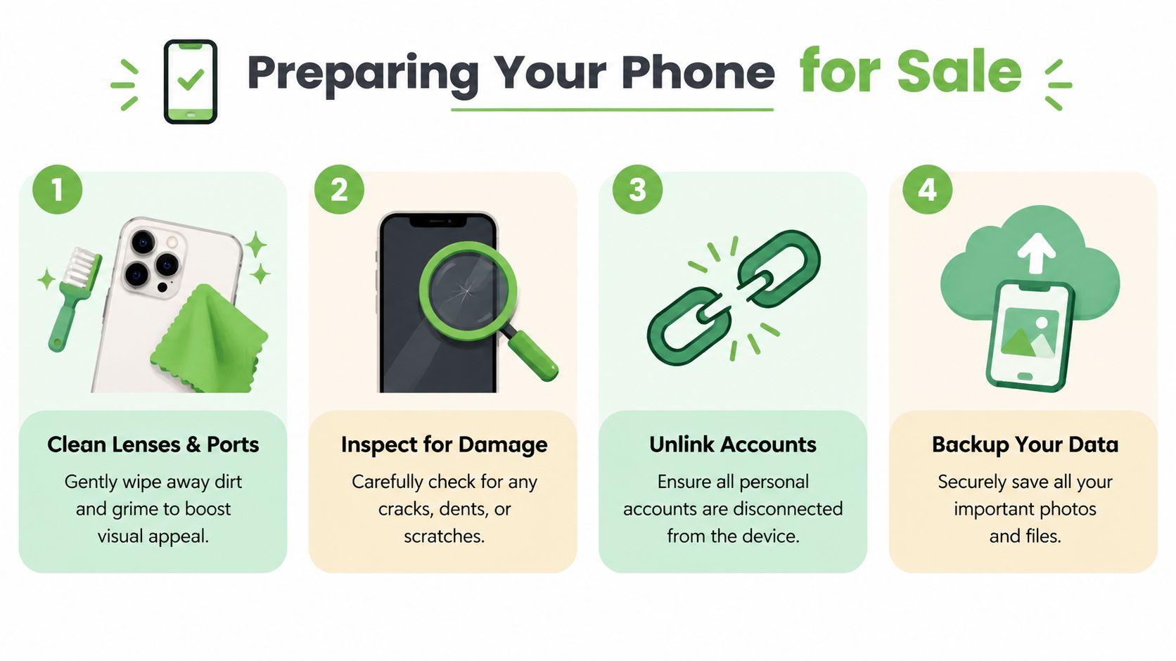 A four-step infographic illustrating how to prepare a used mobile phone for sale or trade-in.