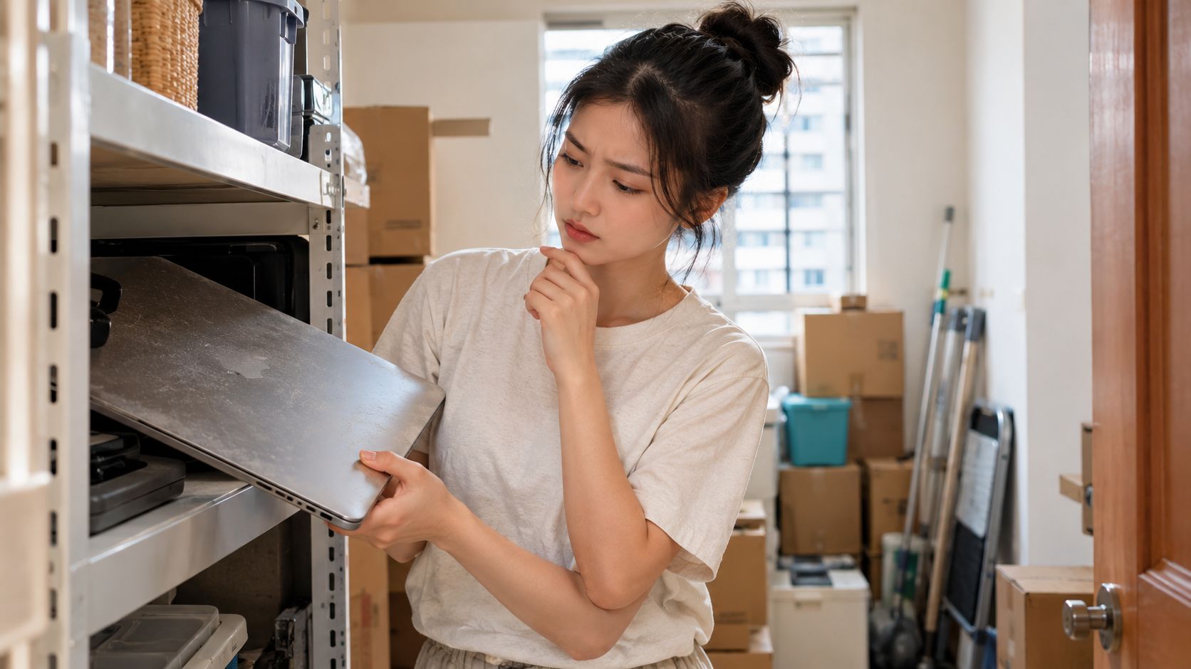 A young woman thoughtfully holding a dusty old laptop while browsing through boxes in a storage room.