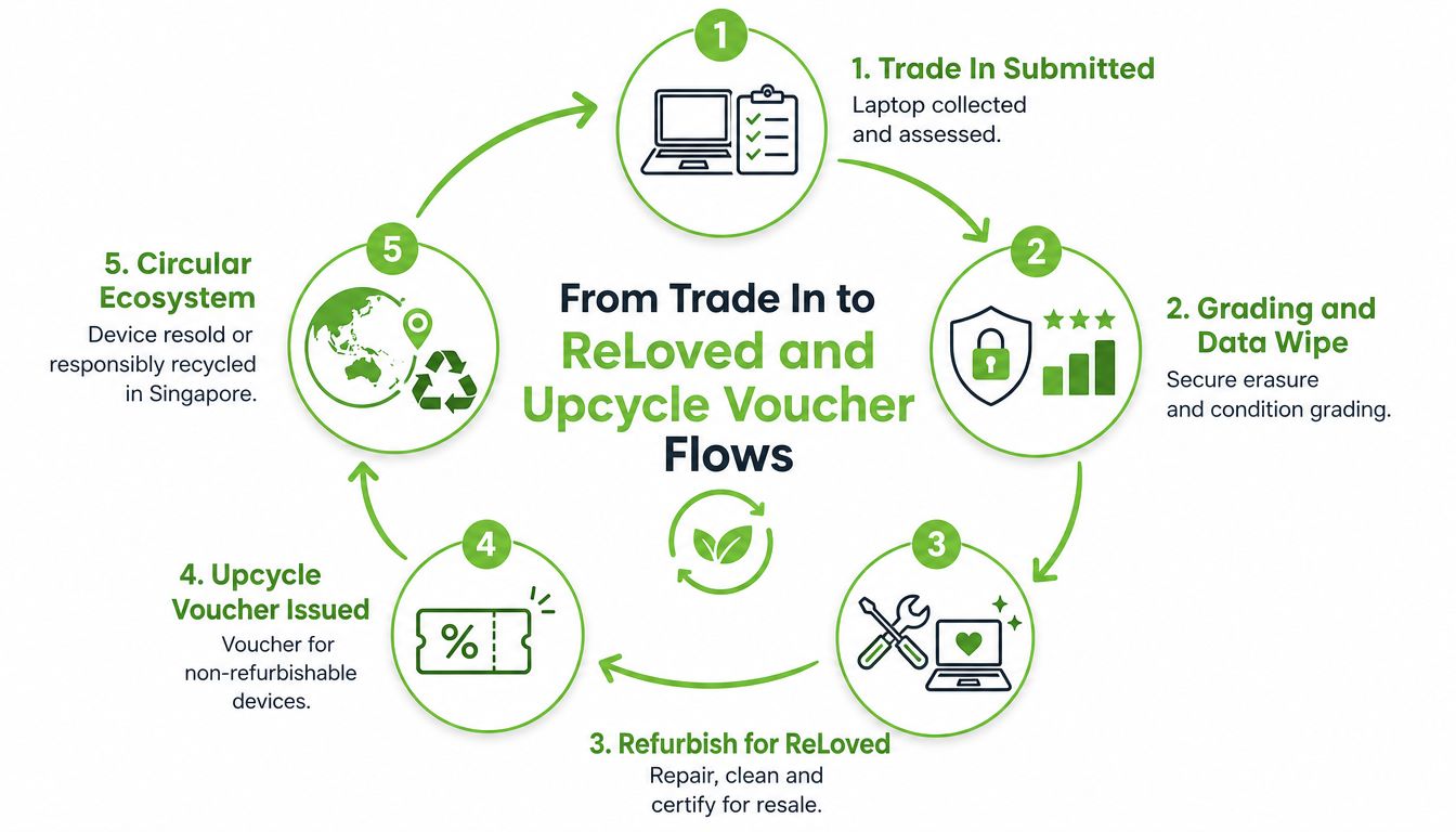 An infographic showing the five steps of the ReLoved and Upcycle laptop trade-in process in Singapore.