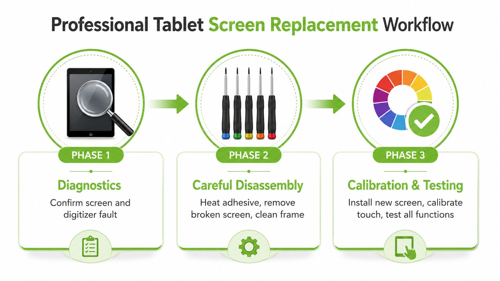 A professional three-phase workflow infographic illustrating the process of repairing and replacing a tablet screen.