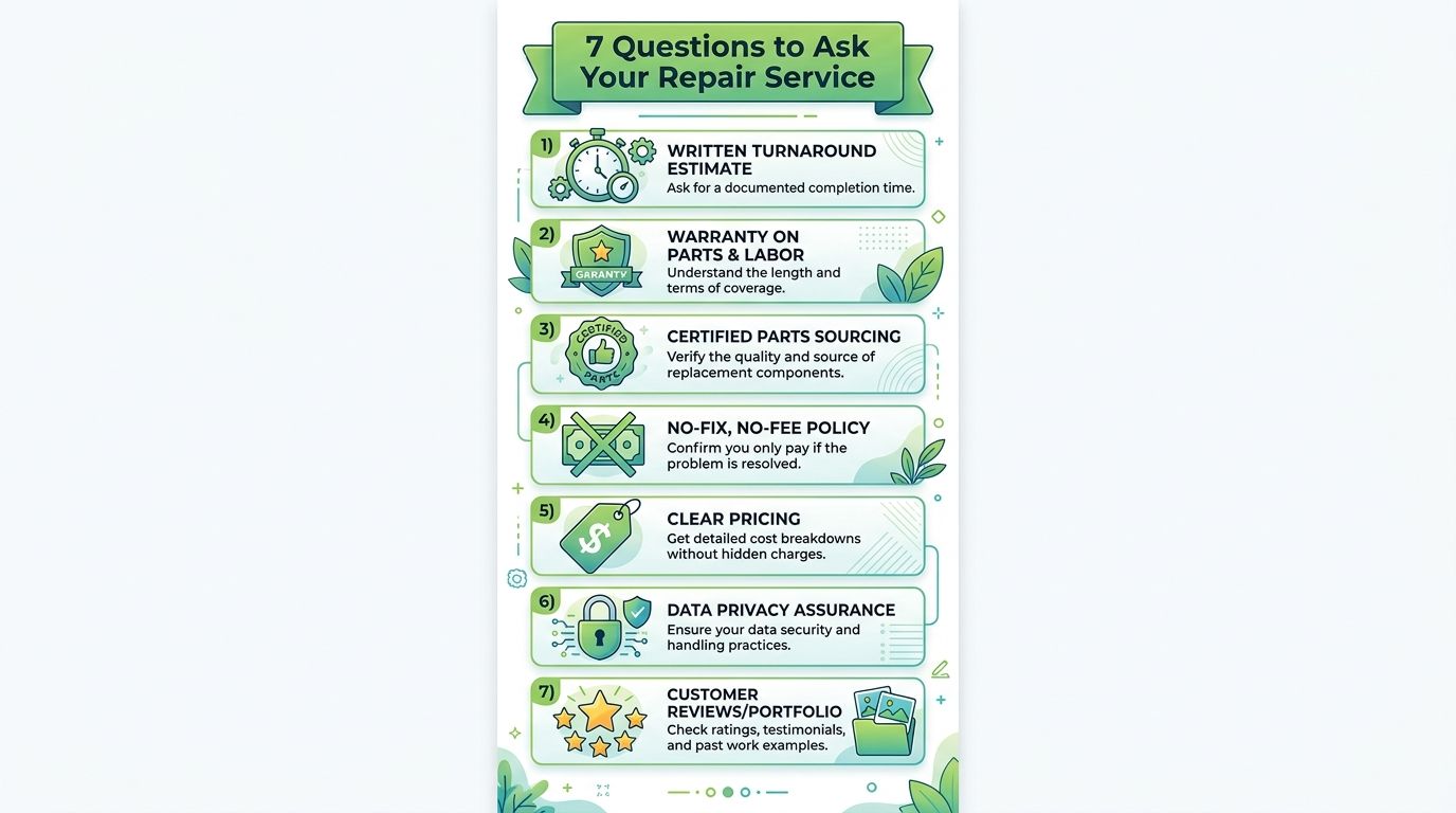 An infographic titled 7 Questions to Ask Your Repair Service providing advice on evaluating technicians.