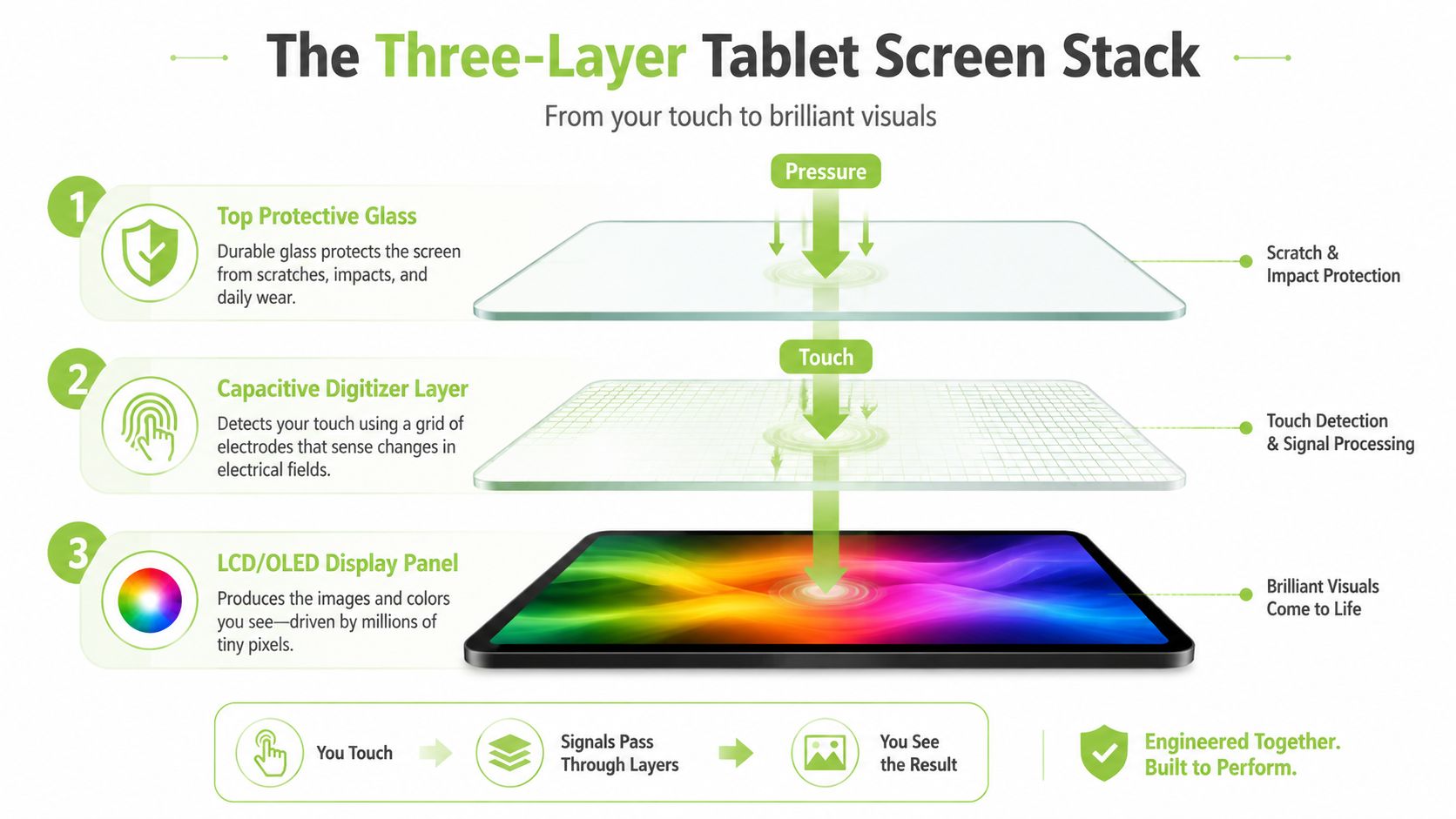 An infographic detailing the three layers of a tablet screen: protective glass, capacitive digitizer, and display panel.