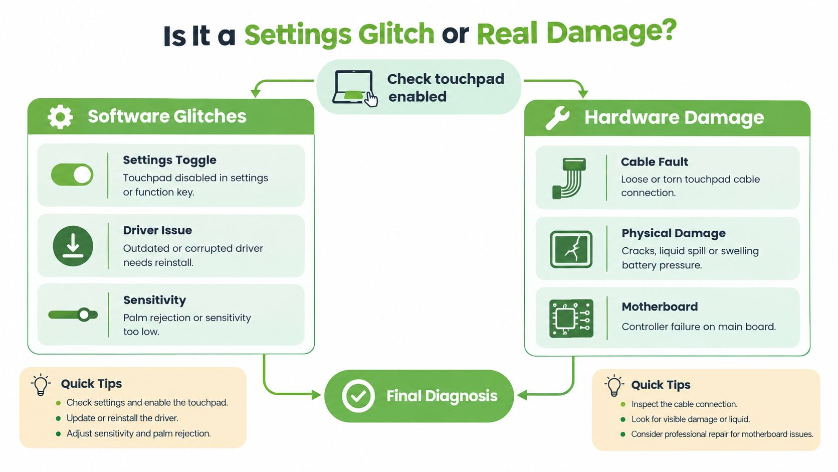 A diagnostic flowchart showing common causes for laptop touchpad failure, categorized into software glitches and hardware damage.