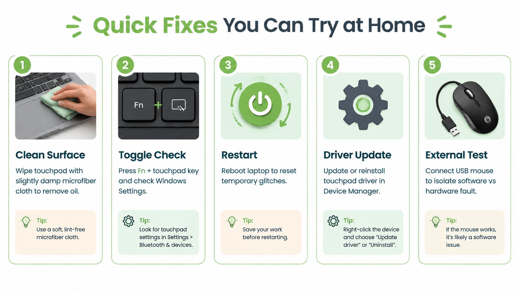An infographic showing five simple steps to fix a laptop touchpad that is not working correctly.