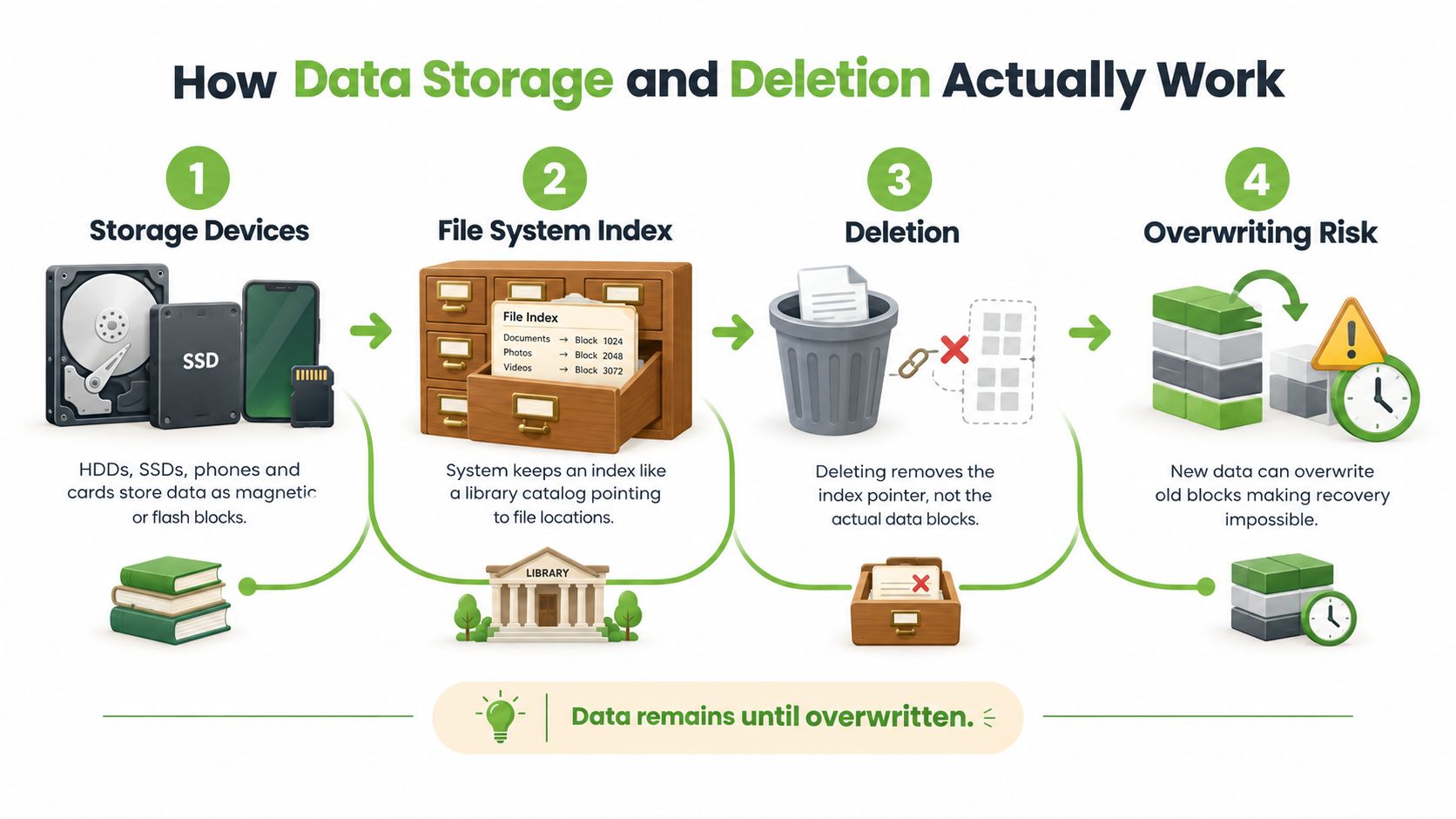An infographic showing the process of data storage, deletion, and how files remain until overwritten on devices.