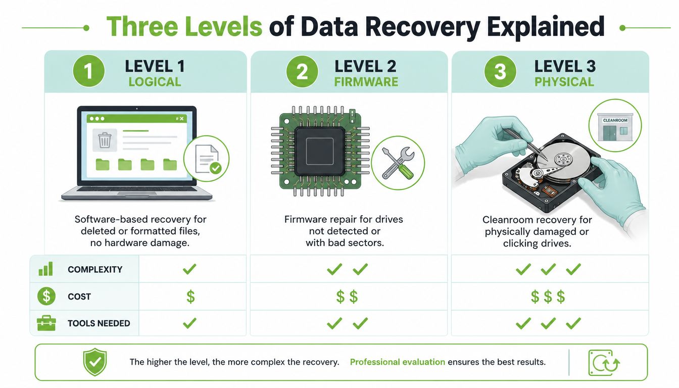 An infographic showing the three levels of data recovery including logical, firmware, and physical methods.
