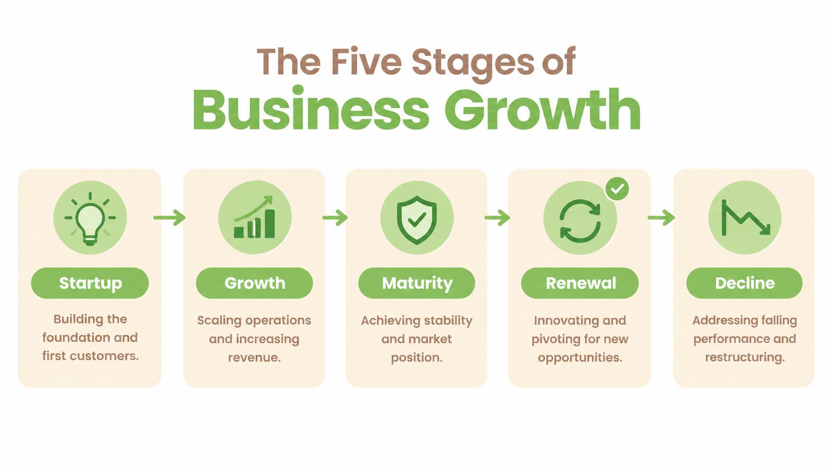 A diagram illustrating the five stages of business growth: startup, growth, maturity, renewal, and decline.